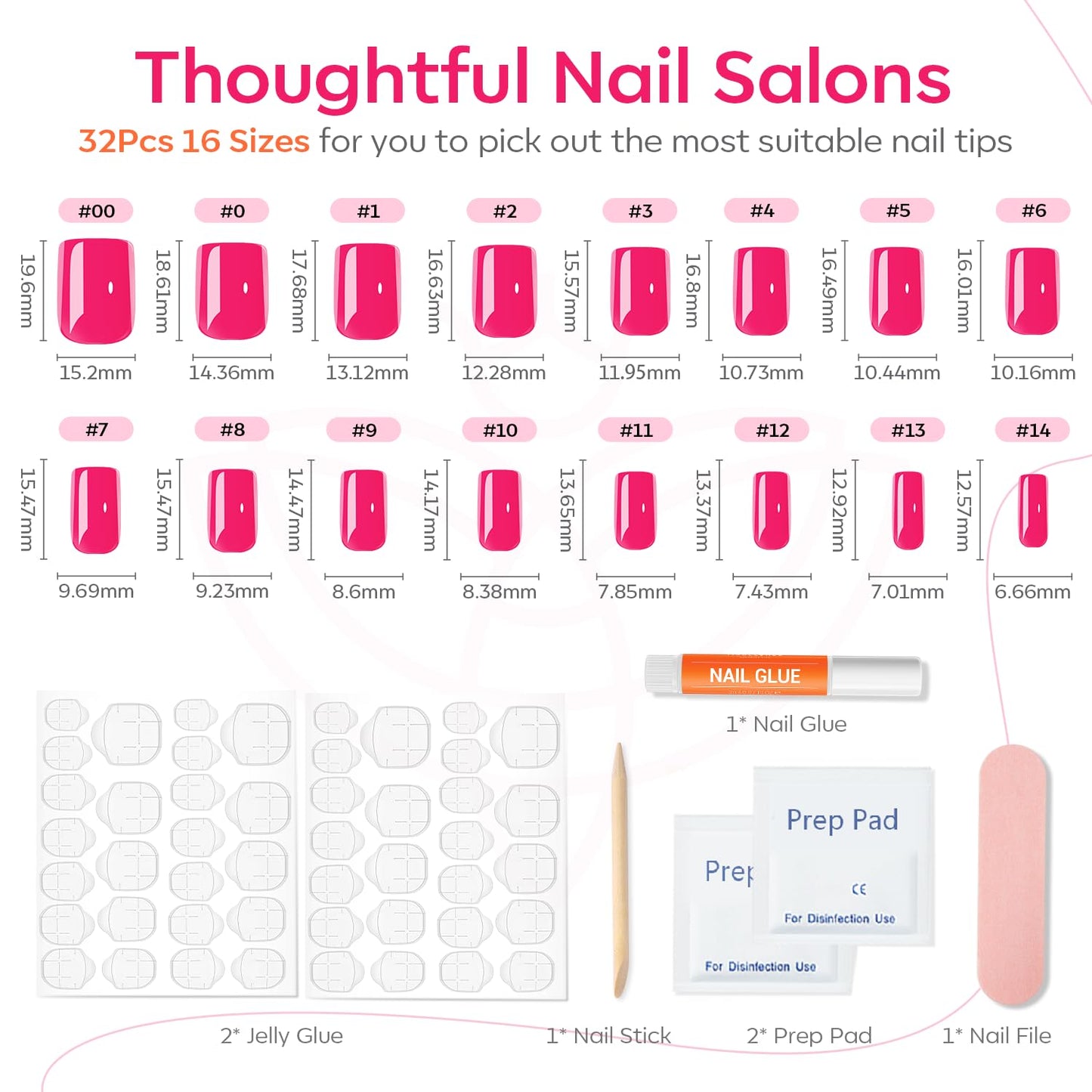 Modelones Press on Nails Short, Square Spring Fake Nails, Reusable Nail Kit with Nail Glue Adhesive Tabs Mini Nail File, Nails Press Ons 32Pcs 16Sizes, Women Girl Gift, Chrome Pink