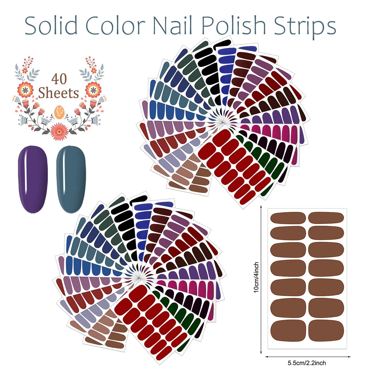 JERCLITY 560 Pieces 40 Sheets Dark Solid Color Nail Polish Strips Retro Nail Wraps for Short Nails with Nail File Self-Adhesive Punk Rock Style Nail Stickers Full Nail Wraps for Women Girls Nail Art