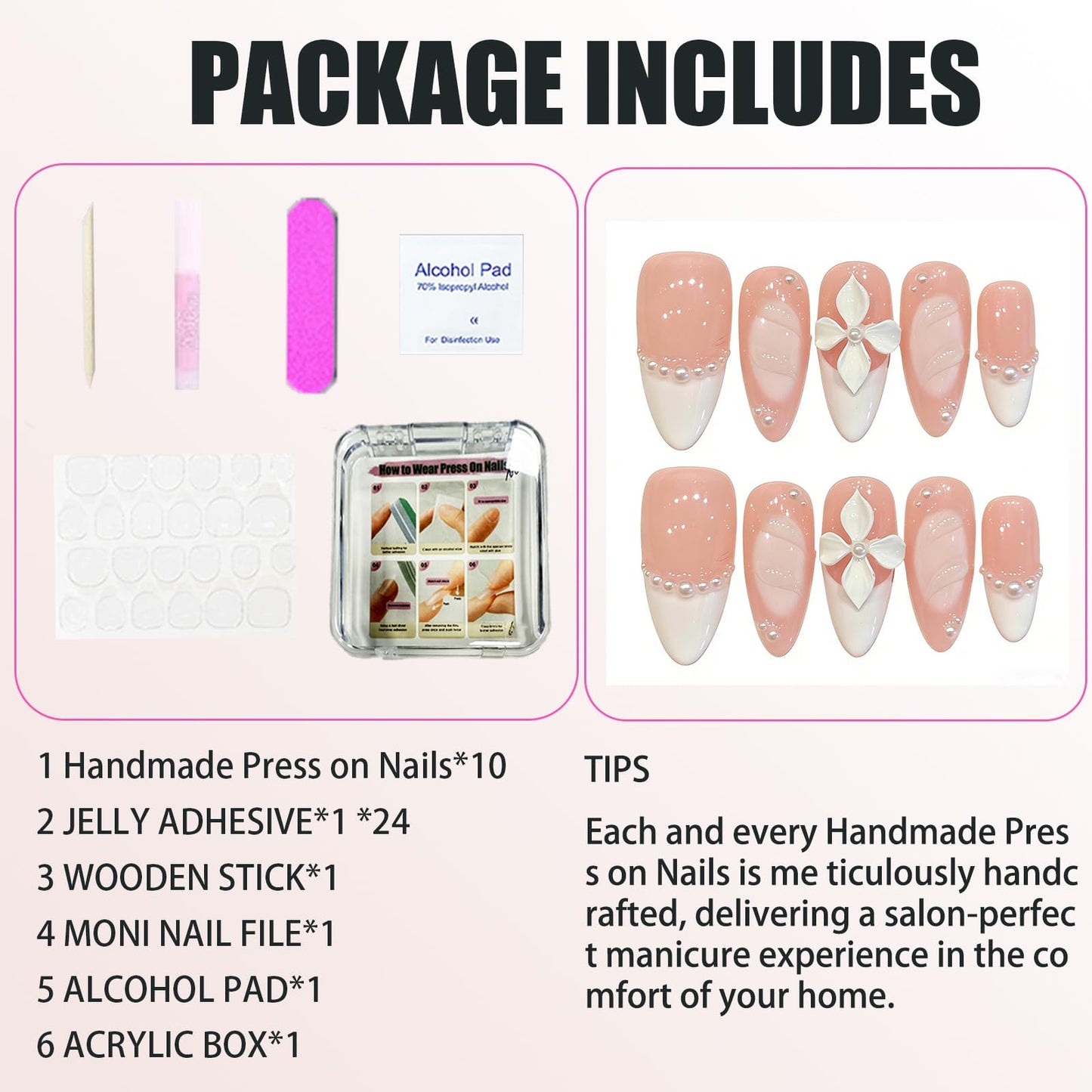 Handmade Press On Nails-3D Almond Pink French Manicure Aadorned With Pearl Carved Flowers ， Wedding Prom And Festival Gift，Thick Acrylic and Muti-Layer Gel Reusable False Nails (L)