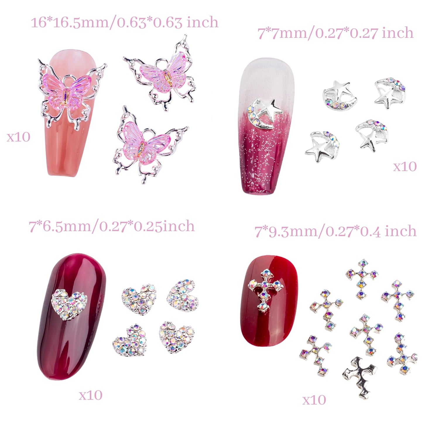 Bling Nail Charms Pink 3D Nail Charms and Gems Aurora Butterfly Cute Silver Cross Star Charms Chrome Heart Silver Y2K Nail Gems with Rhinestones Metallic Nail Art Accessories