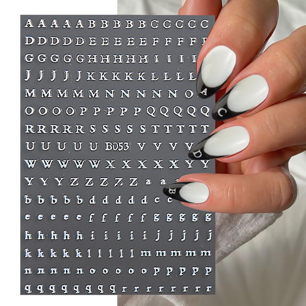8 Sheets Letter Nail Design Stickers - 3D Self-Adhesive Nail Art Stickers in Black, White, Gold, Silver - English Letters Nail Decals for Women and Girls - DIY Nail Decor