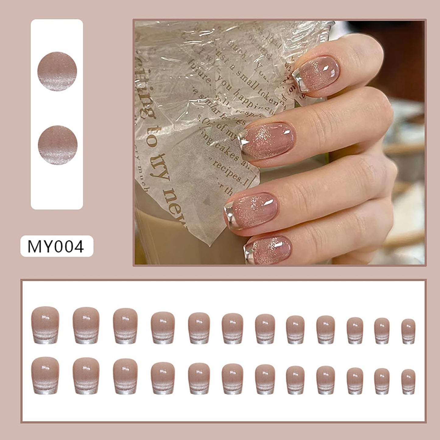 Press on Nails Short Square Artificial Acrylic Fingernails Nude Pink French False Nail Silver Nail Tip Design Fake Nail Full Cover Glossy Reusable Coffin Glue on Nails for Women