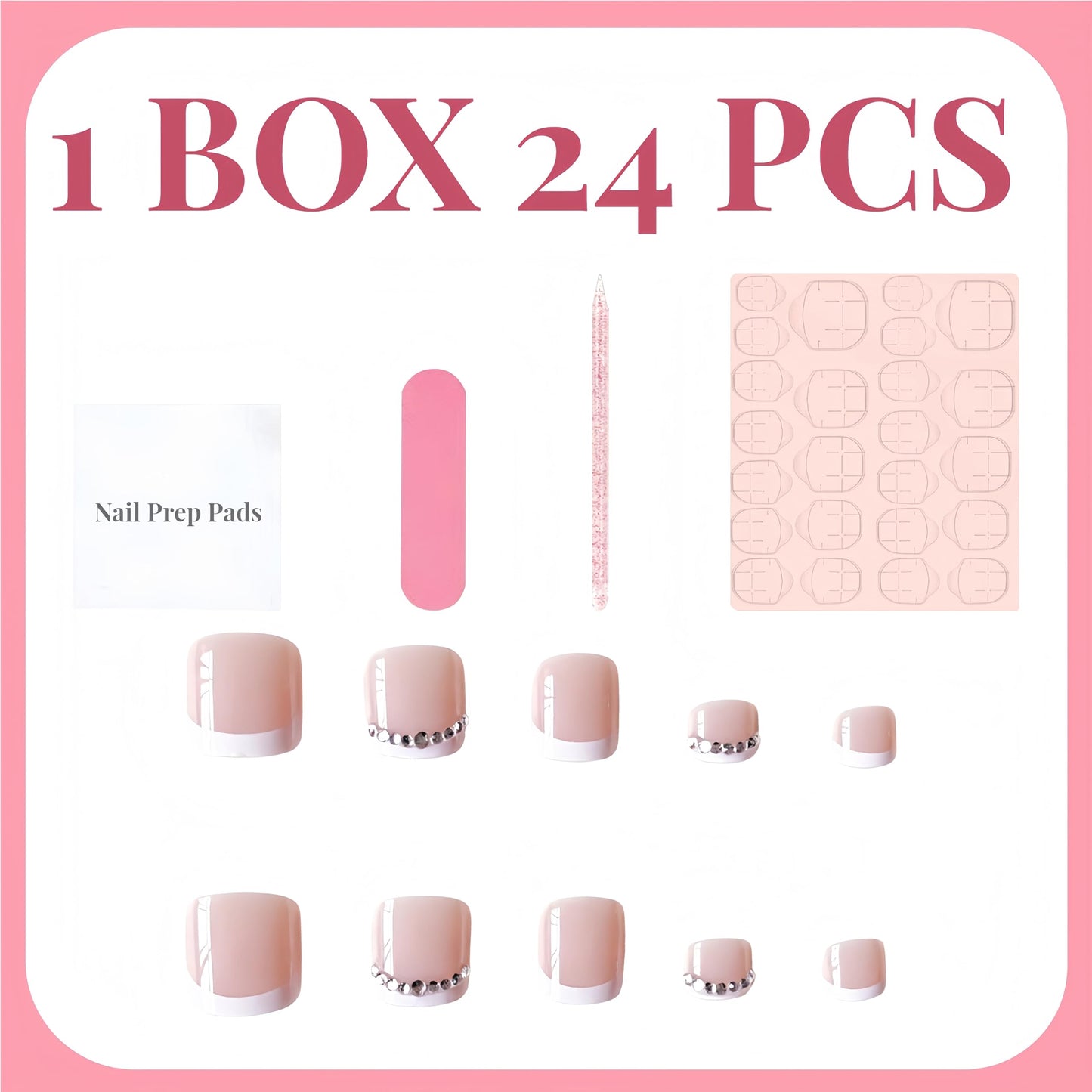 Pink French Tip Press on Toenails Short Square Fake Toenails Glossy Glitter Silver Diamond French Full Cover False Toenails Artificial Acrylic Toe Nails Press Ons for Women Summer Manicure DIY 24pcs