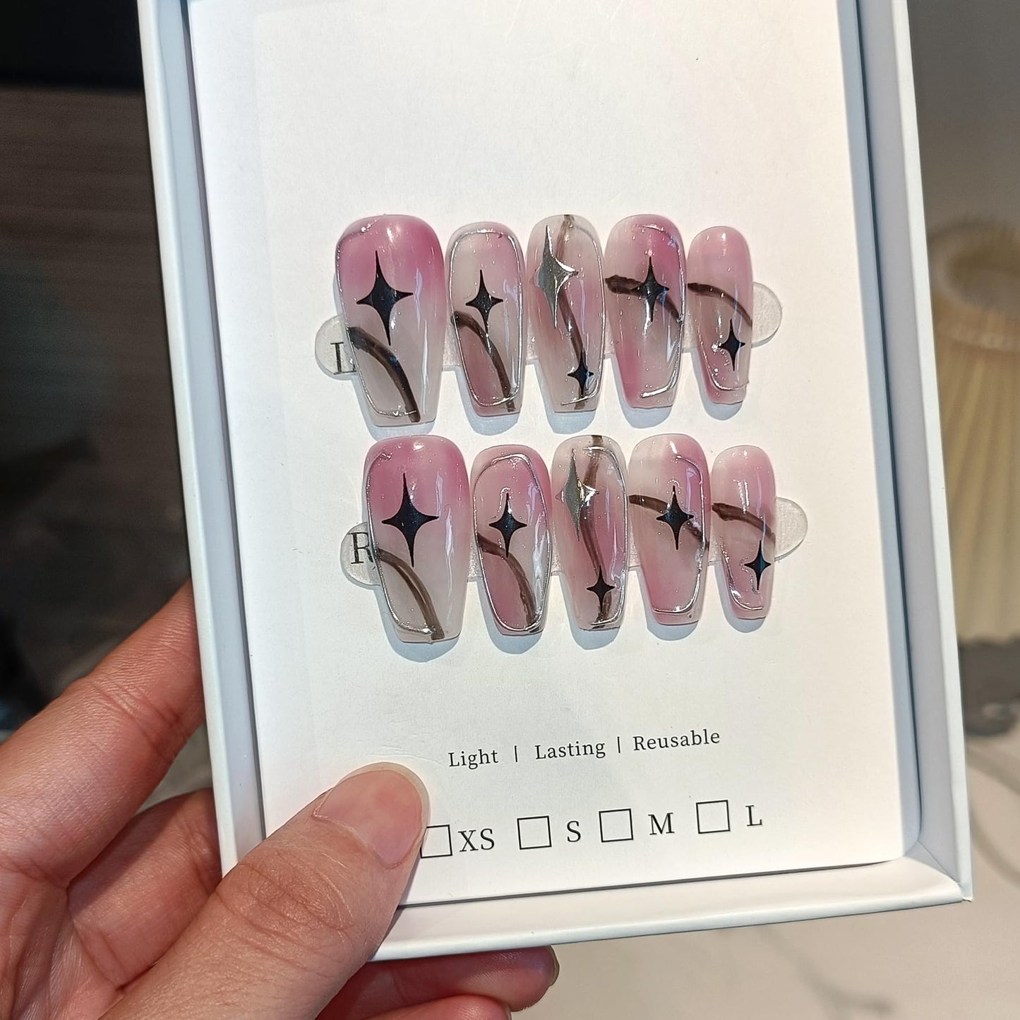TENPAL Pink Ombre Silver Coffin Acrylic Nails,Handmade Press On Nails With Tools,Glossy Y2K Star Glitter Designs Glue on Nails,Cute Cool Retro Kawaii Kpop False Fake Nails for Women 10Pcs(S)