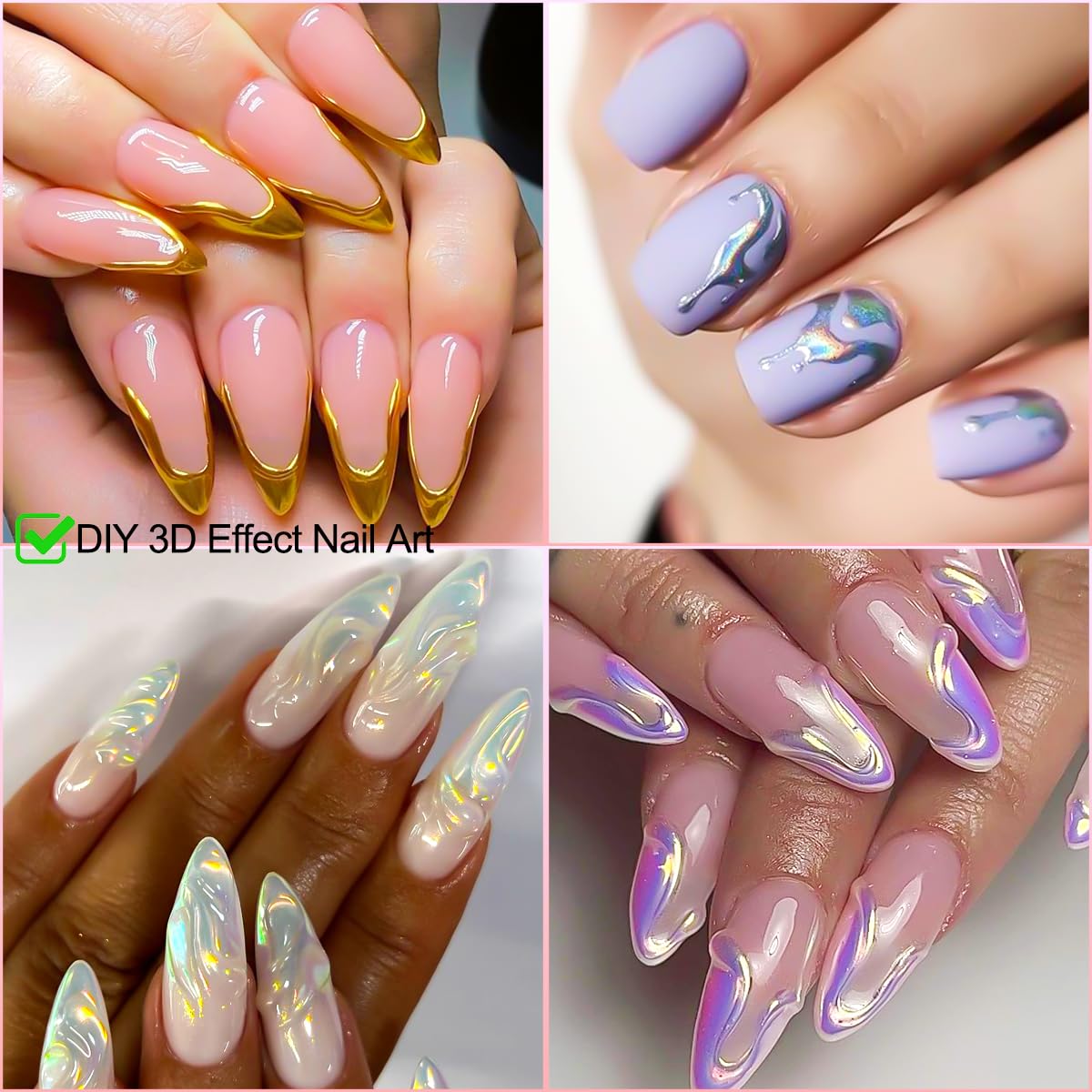 Holographic Mirror Gold Chrome Nail Powder for Gel Nails, Iridescent Aurora Mermaid Pigment Magic White Pearl Glitter Dust Kit for Women Girls DIY Manicure Decoration 4 Boxes
