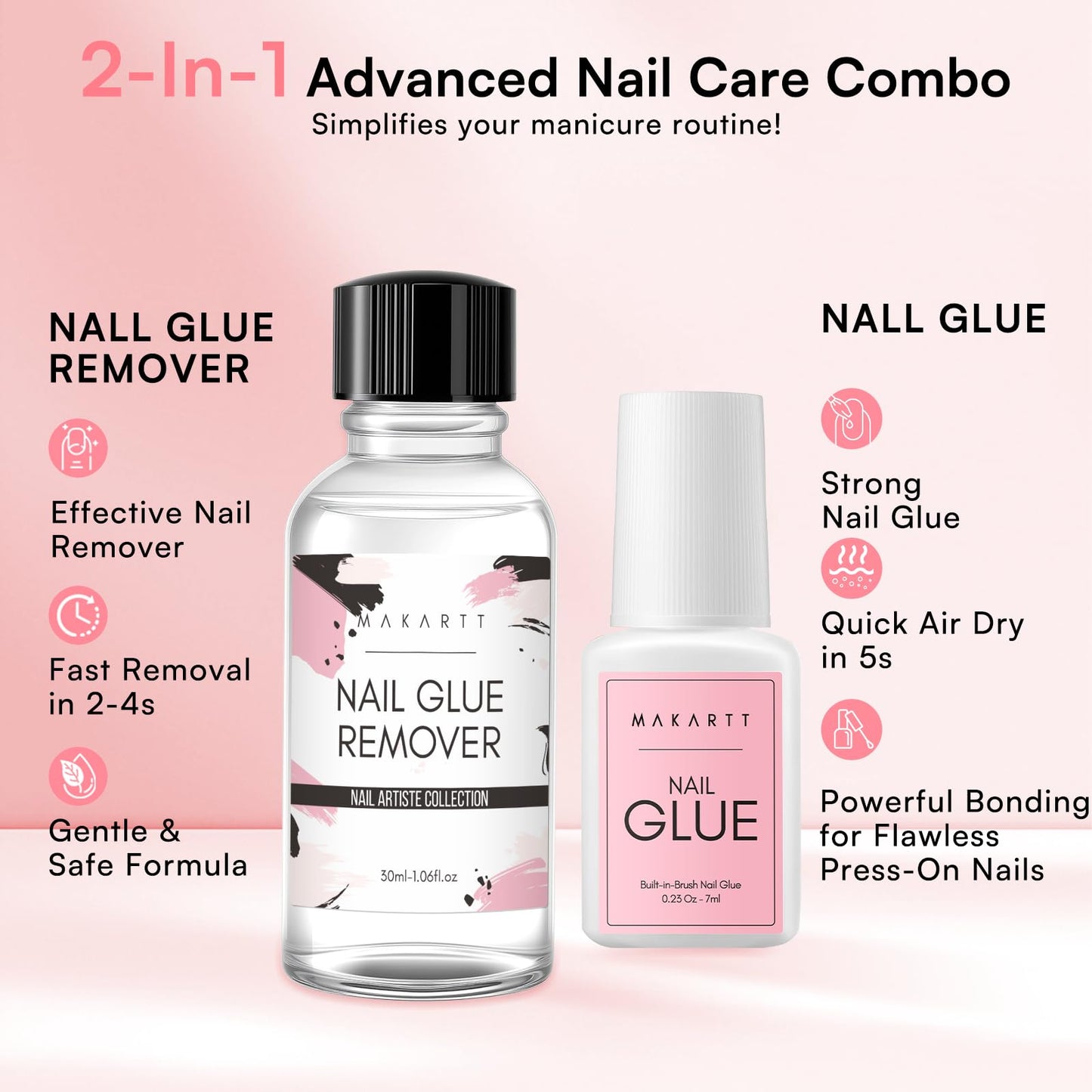 Makartt Nail Glue with Remover Kit: Super Strong,Quick Dry Nails Adhesive for Press-Ons 7ML, with Press on Nail Glue Remover, 30ML Fast Removal Debonder with 2 Droppers DIY Manicure at Home Salon