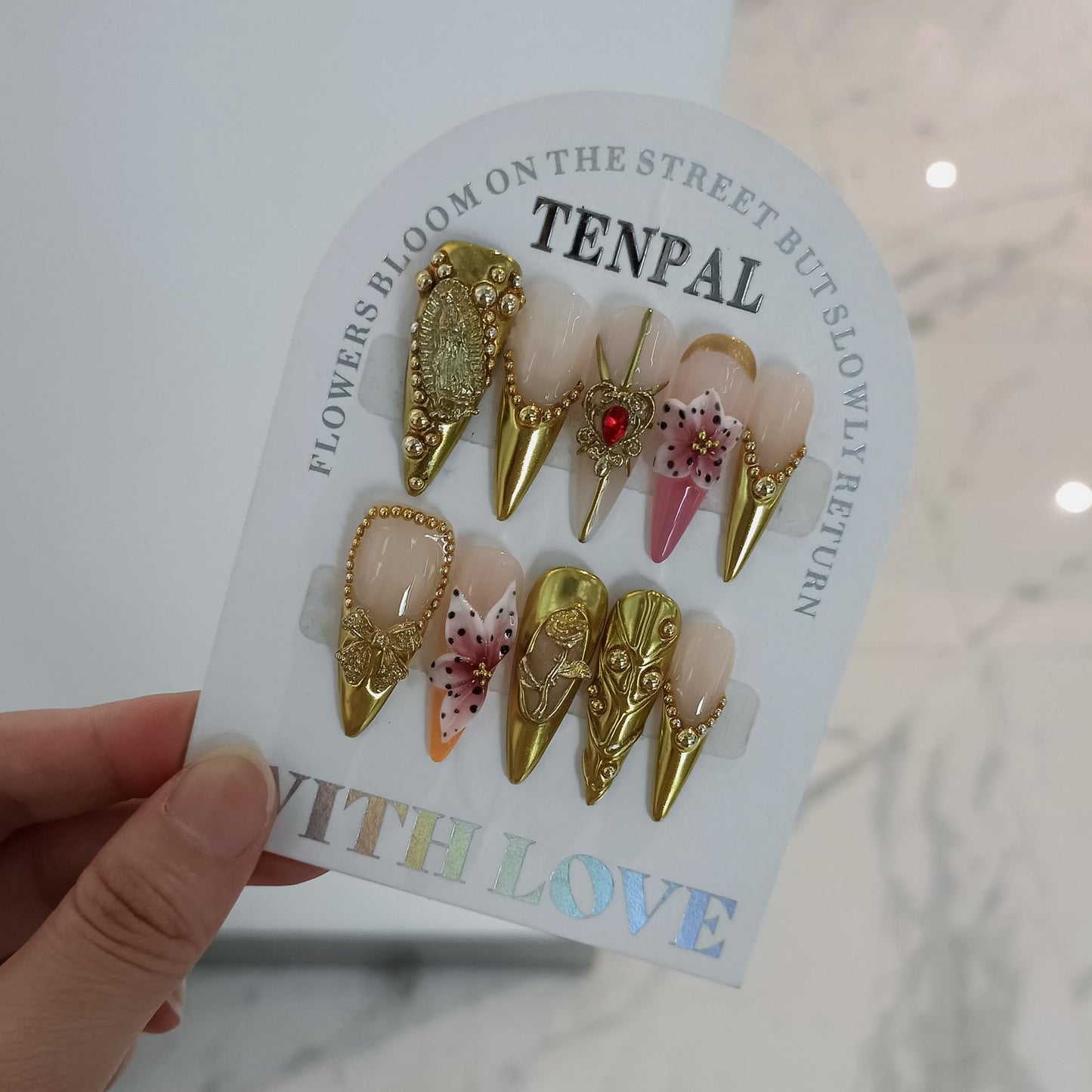 TENPAL Antique Gold French Tips Press on Nails Long Stiletto,Baroque Style Fake Nails with 3D Charms Roses,Cherubs,Bows,Soft Gel Metallic Fake Nails Kit Tools 10pcs,Full Cover Vintage Luxe Nails(S)