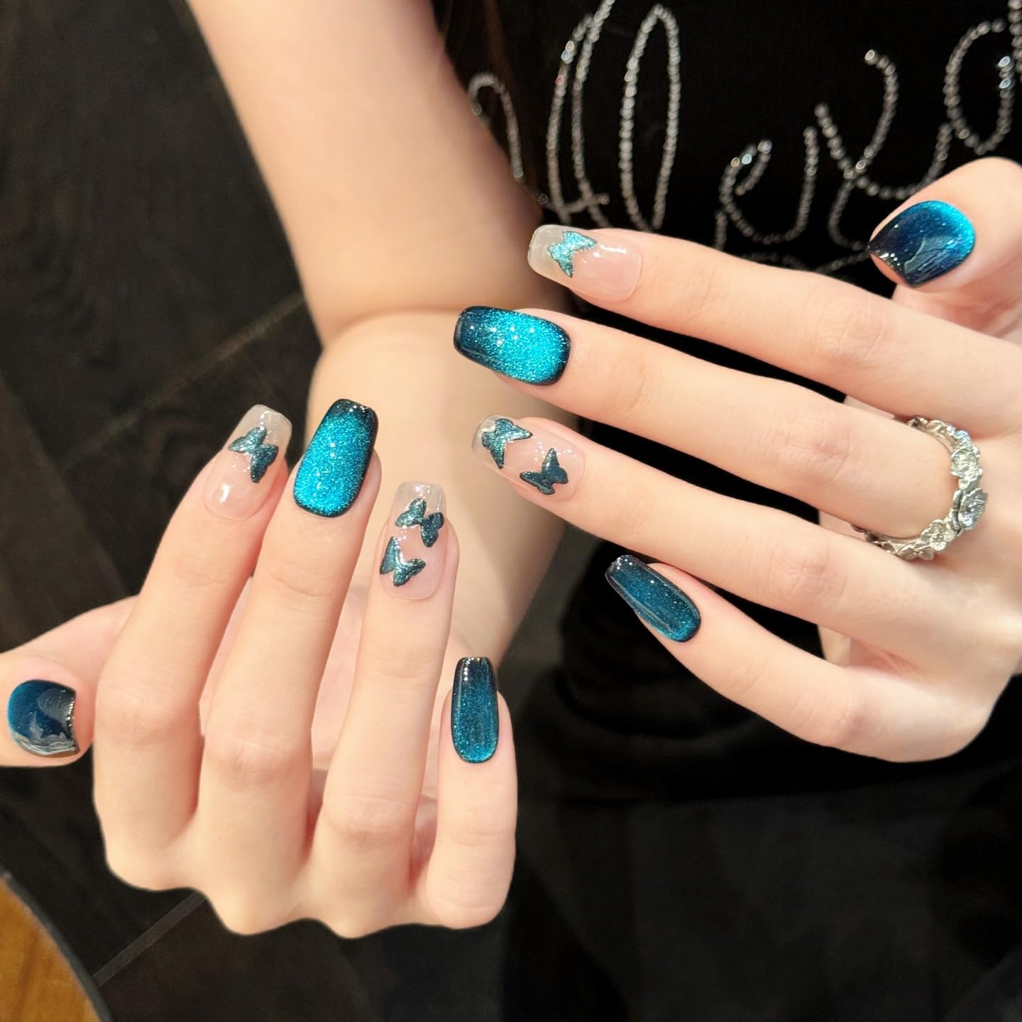 Yacey Butterfly Handmade Press on Nails, Medium Square Reusable False Nails Press Ons, Luxury Blue Cat Eyes Thick Acrylic Fake Nails, 3D Bling Glue on Nails for Women Girls (10 Pcs, M)