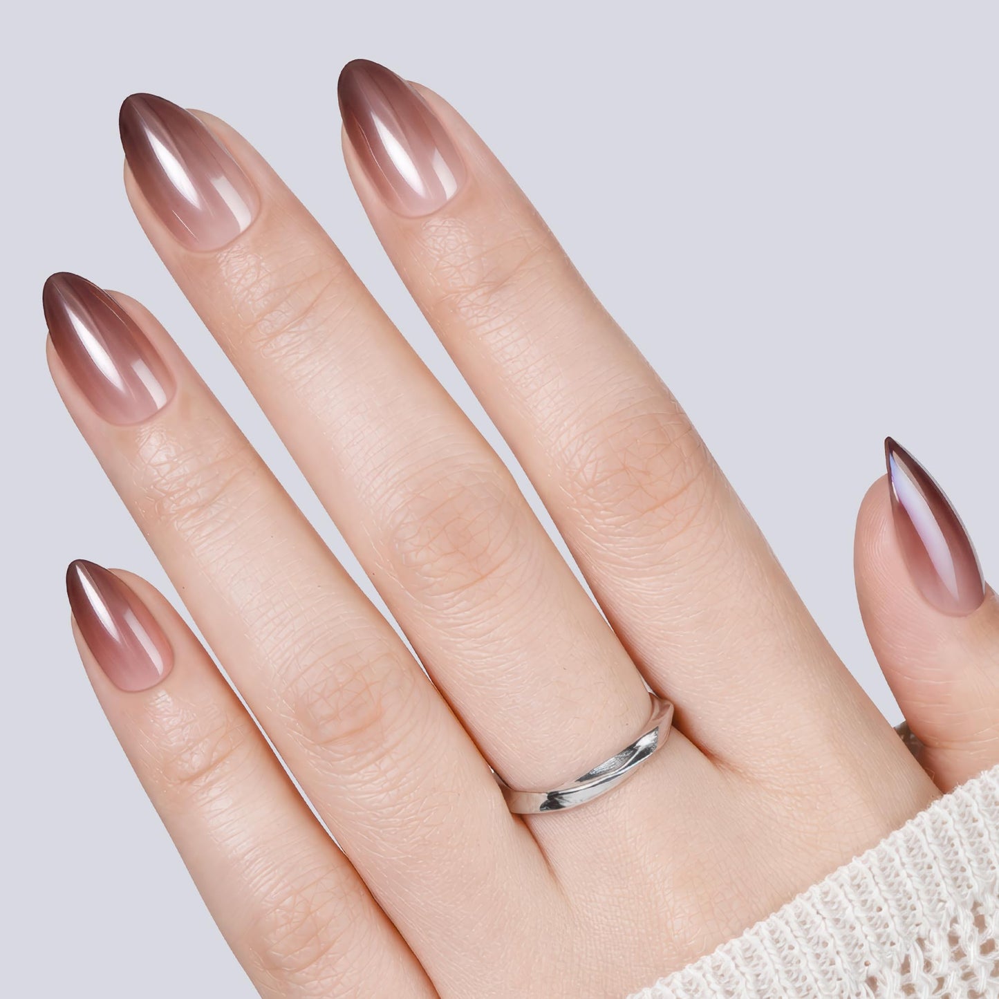 UNA GELLA 32Pcs Soft Gel Press on Nails - 16 Sizes Brown Ombre Chrome Almond Glue on Nails, Reusable Metallic Gradient Short Almond False Nails, Full Cover Acrylic Nail Kit for Women DIY Home Manicure