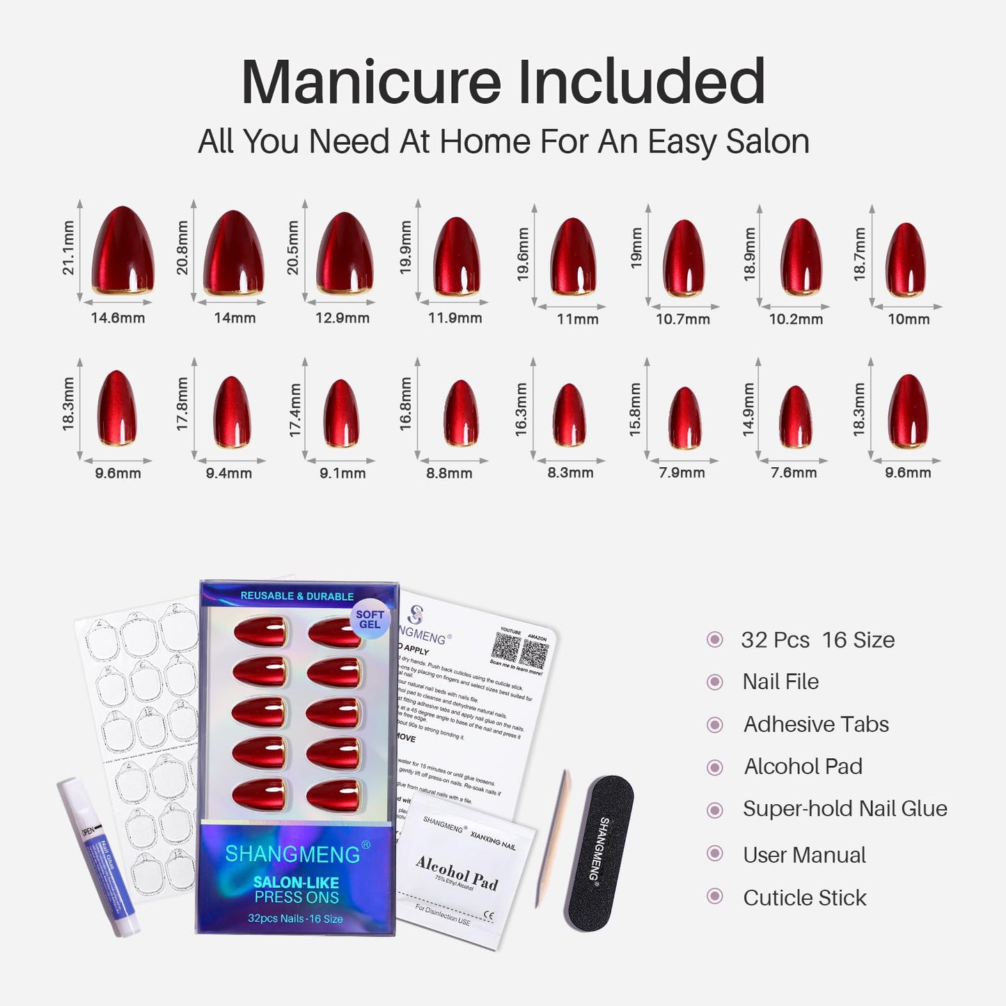Dark Red Cat Eye Press on Nails Almond - SHANGMENG Soft Gel 3D Gold Foil Short Nails for Women Gift, Glossy Glue on Nails with Glue in 16 Sizes - 32 Reusable Fake Nails, Champagne & Cherries