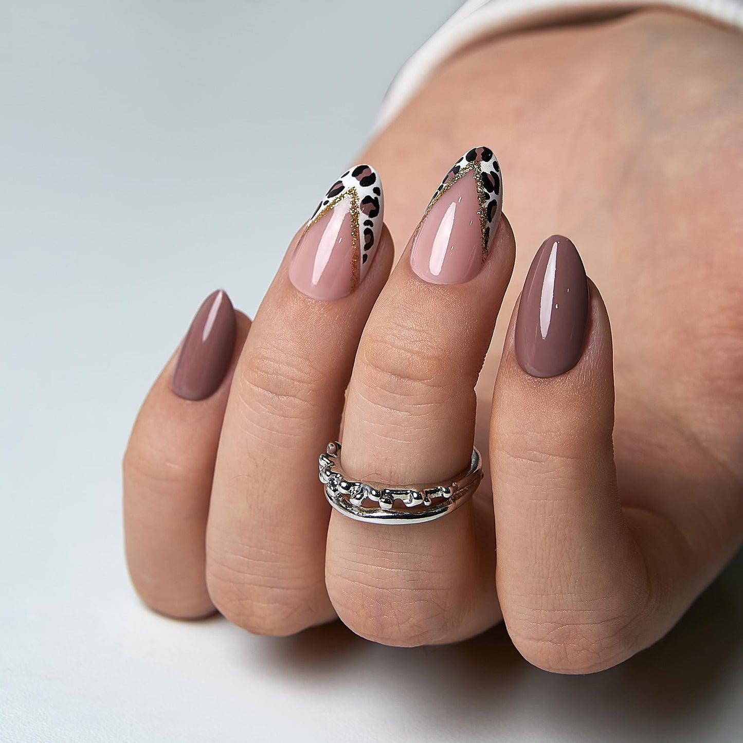 CurvLife Medium Almond Press On Nails, Soft Gel Salon Quality Fake Nails for Women, Reusable Long Lasting Nail Tips, Nude Pink Glitter Leopard French Design