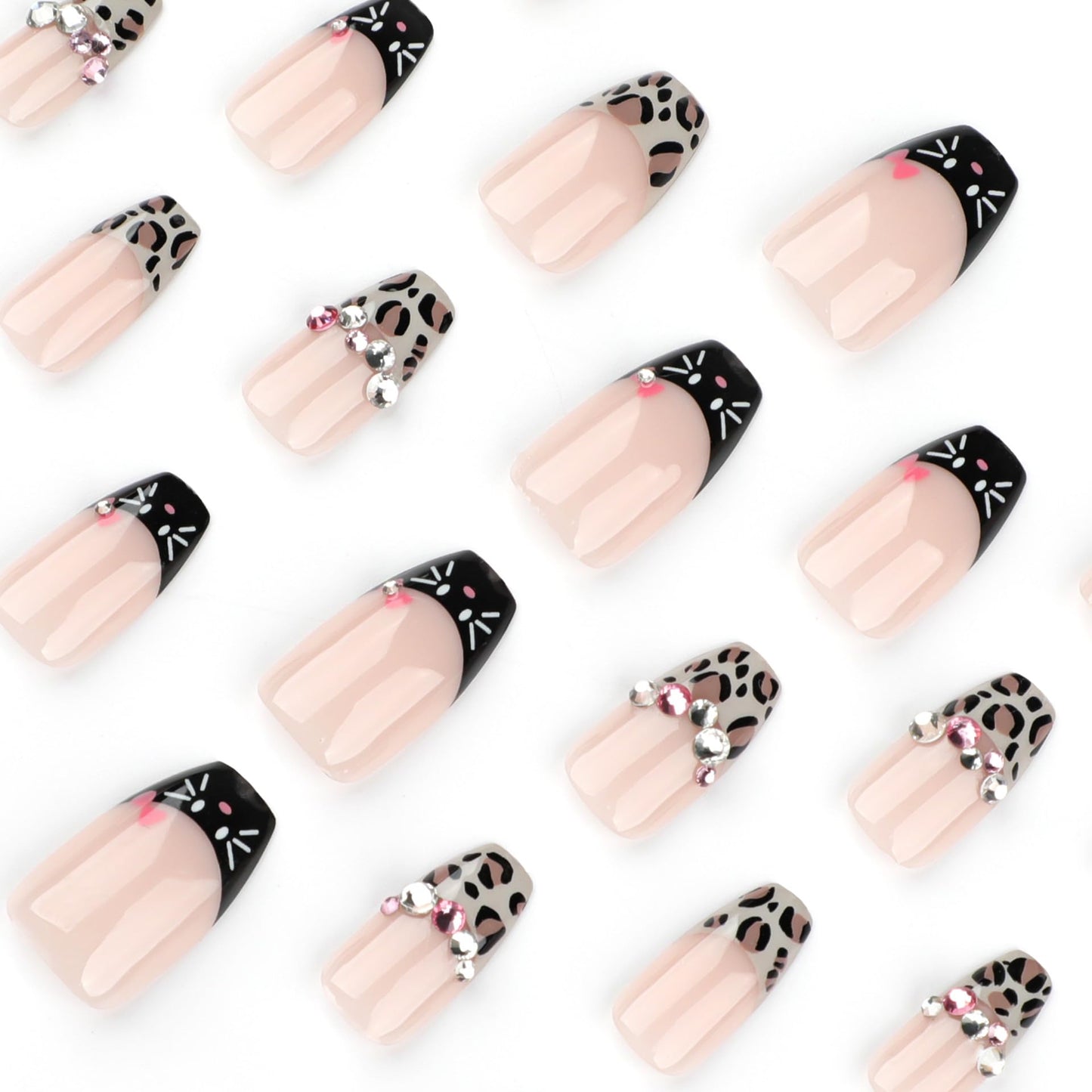 Rilafuvu Press on Nails Medium Ballerina Fake Nails Leopard French Tip Glue on Nail with Rhinestones Designs Acrylic Nails Cute Cat False Nails 24Pcs Coffin Stick on Nail for Women Girls