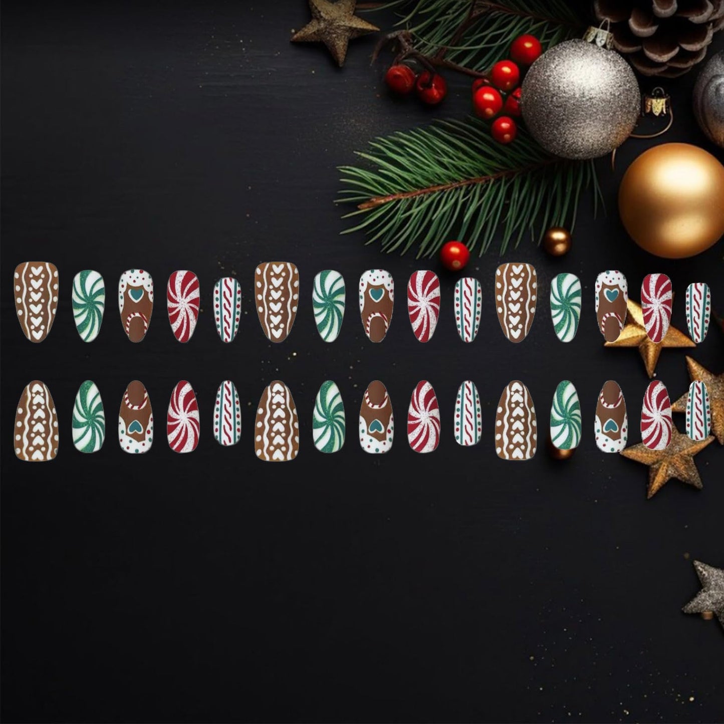 Christmas Press on Nails Swirl Medium Almond False Nails 24Pcs Love Heart Gel Glue on Nail Glossy Green Glitter Acrylic Fake Nail Candy Cane Stick on Fingernails for Women Xmas Gift