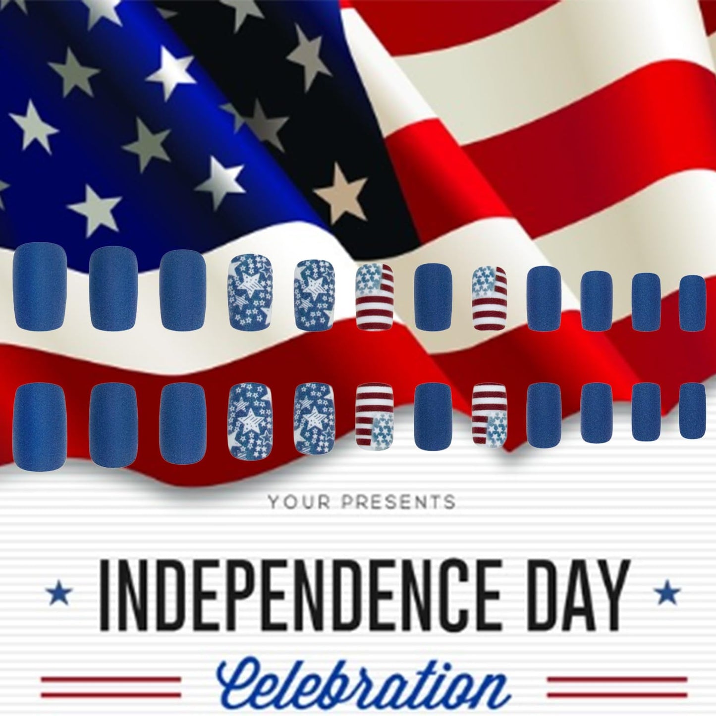 4th of July Press on Nails American Flag Fake Nails Independence Day Acrylic False Nail 24 Pcs Matte White Stars Glue on Artificial Fingernails HZJXRT Medium Square Stick on Nail for Women Gift