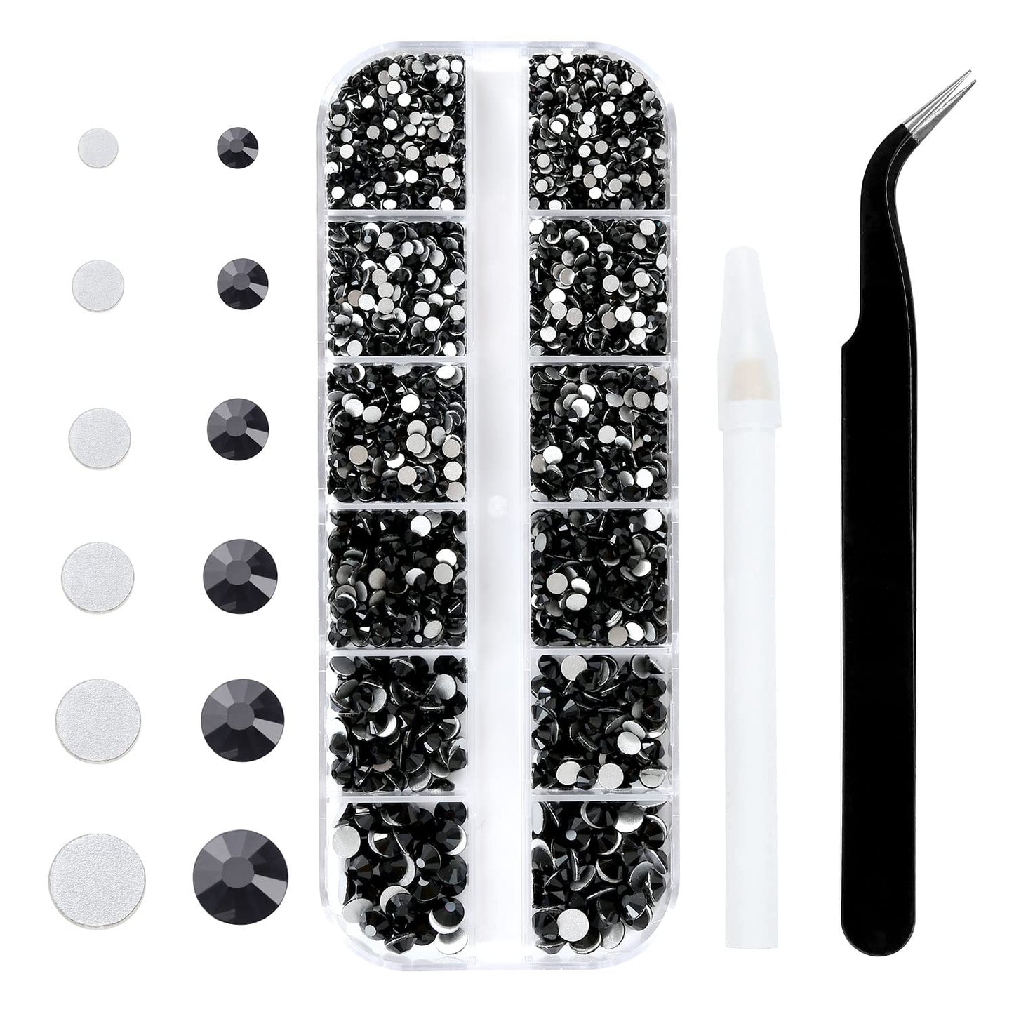 Meibite Black Glass Flatback Rhinestones for Nails, Crafts & Clothes – 4240PCS 6 Sizes (SS6–SS20) Crystal Gems Kit with Tweezers & Picker, Non Hotfix DIY Rhinestones for Tumblers, Shoes, Nail Art