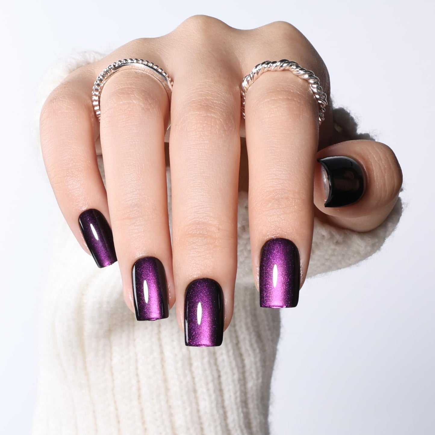 Purple Cat Eye Press On Nails - Short Square Purple Nails Press Ons for Women Fake Nails with Glue, Glossy Reusable Glue on Nail in 16 Sizes - 32pcs