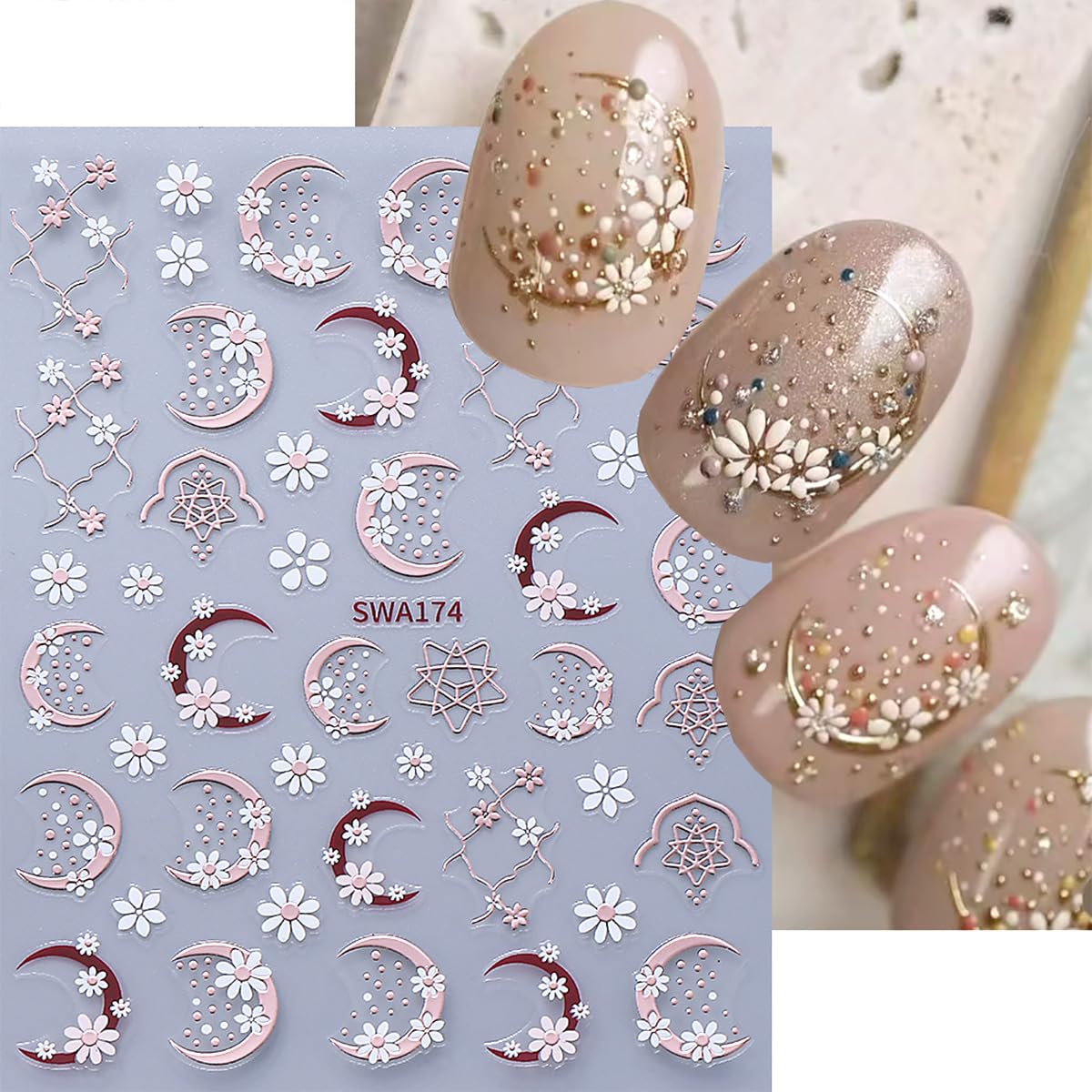 4 Sheets Flower Nail Stickers for Nail Art Pink Yellow Daisy Nail Decals Glitter Gilding Moon Nail Design Stickers 3D Self-Adhesive Flower Acrylic Nails Art Supply for Women Manicure Decorations Tips