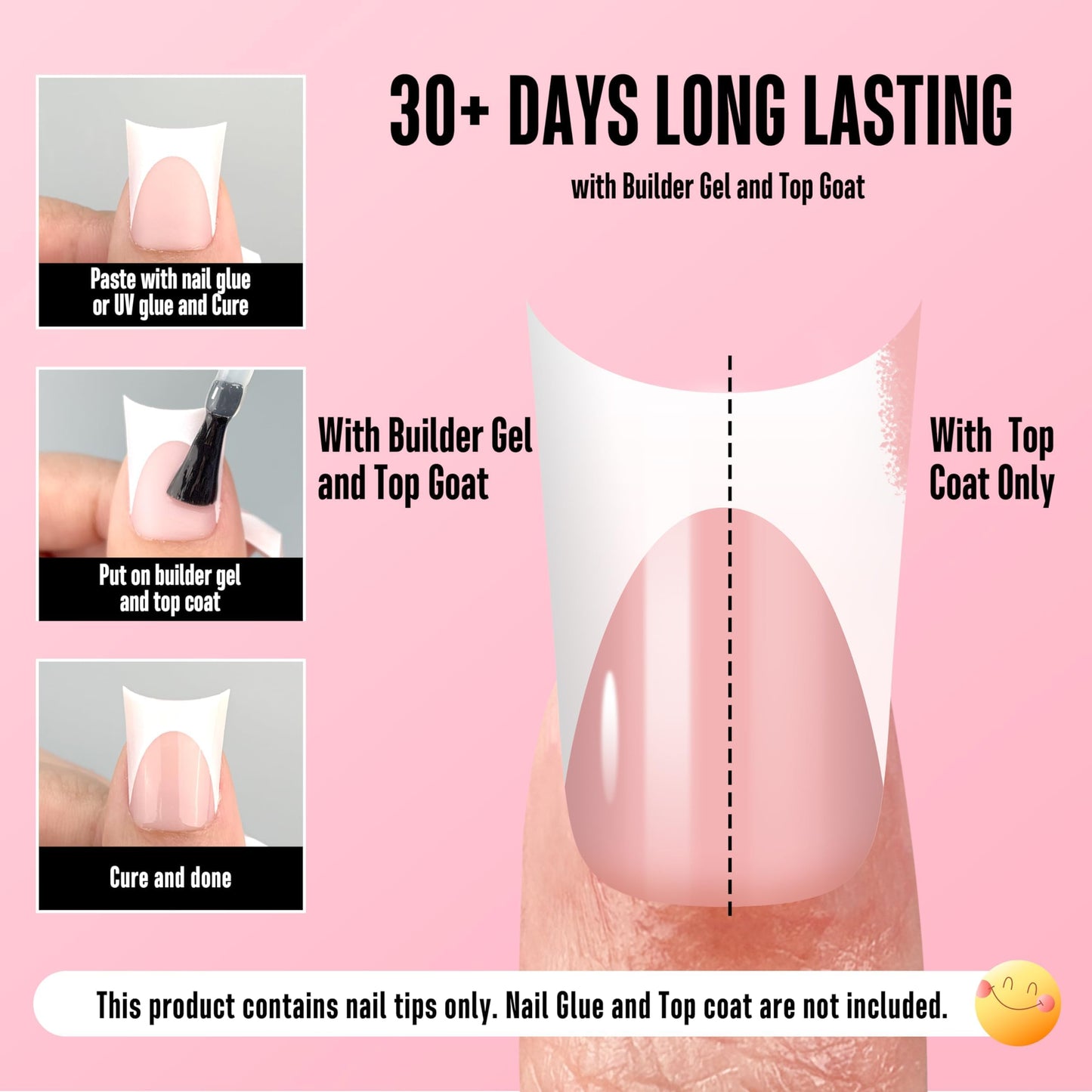 NOVO OVO Duck Nails Short with Moon Curve Light White French Tips BABY PINK Full Cover for Press on Acrylic, Thick Flare Wide French Soft Gel Fake False Nail Extension x 15 Sizes 240 pcs