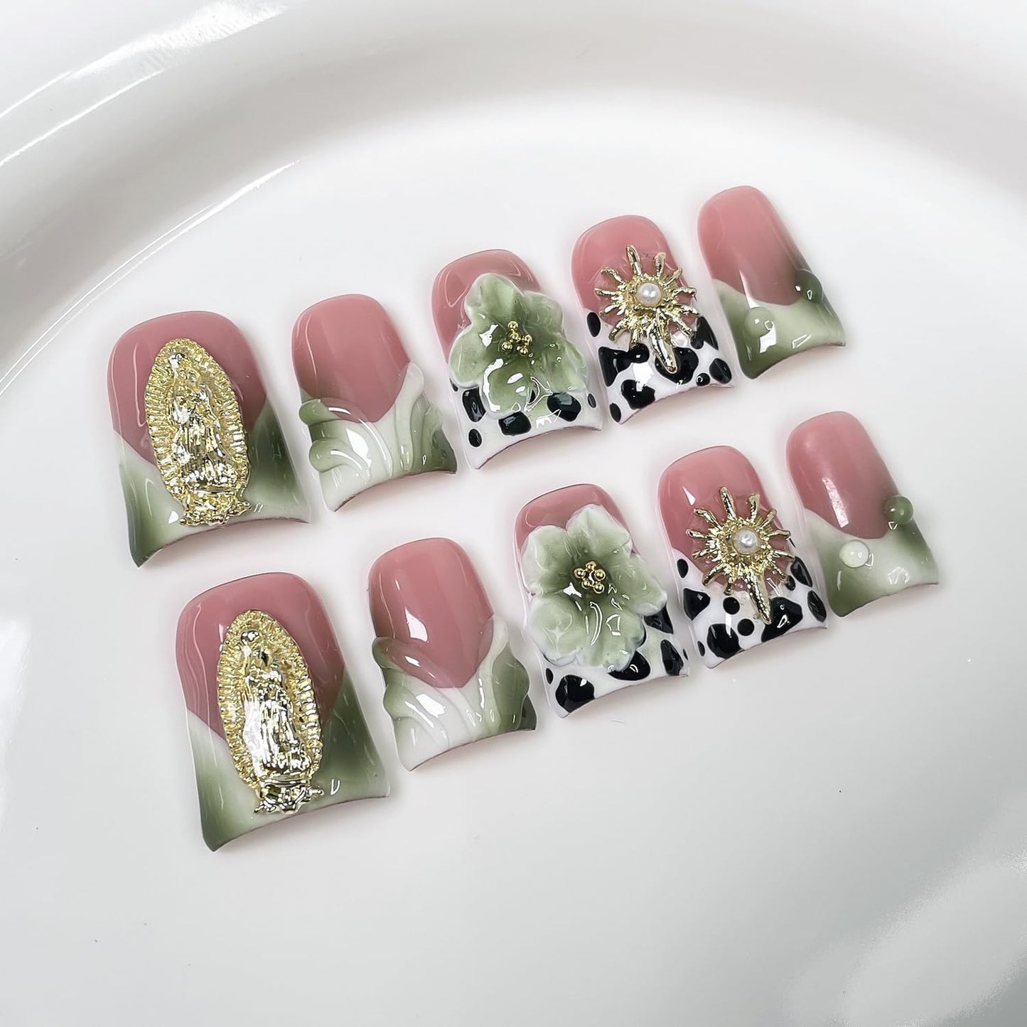 Handmade Press on Nails Short Duck Shaped Fake Nails Green White Gradient Stick on Nail Luxury 3D Flowers False Nails Designs French Tip Thick and Muti-Layer Gel Acrylic Nail for Women（M)