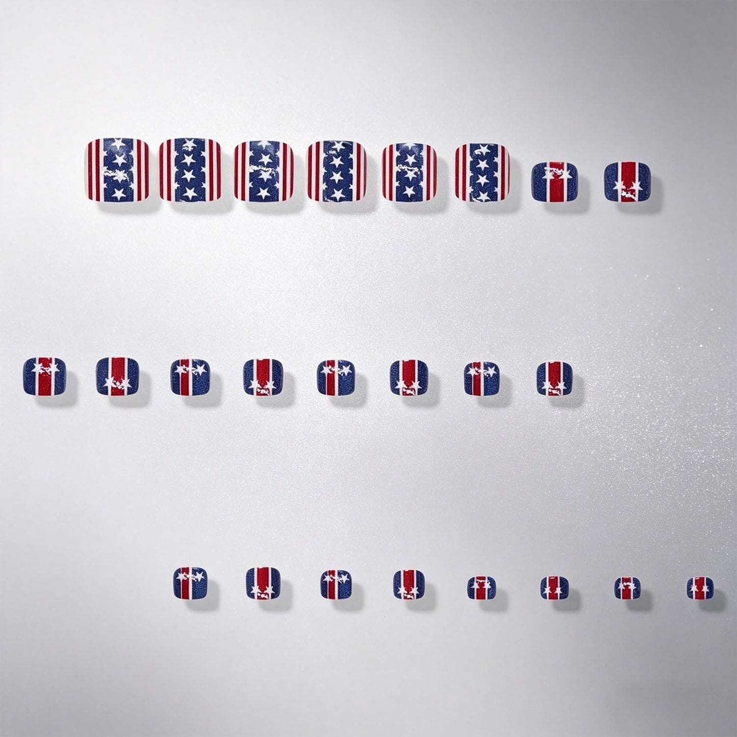 Summer 4th of July Press on Toenails Short Square Fake Toe Nails with Red Blue White Stripe Star Designs Patriotic Toe Nail Press ons Independence Day Stick on Toenails for Women 24Pcs