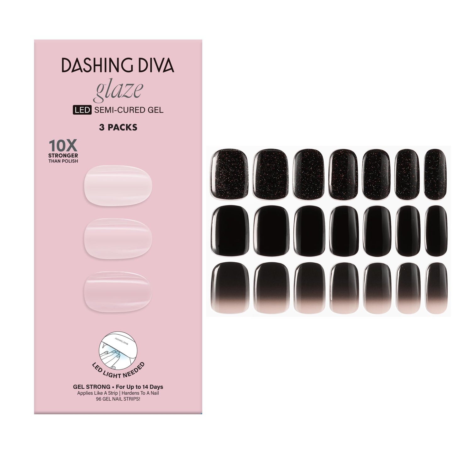Dashing Diva Glaze Nail Strip 3-in-1 Kit - Best of Noirs - Long Lasting, Chip Resistant, Semi-Cured Gel Nail Strips - Contains 96 strips, 3 prep pads, 3 manicure sticks, 1 nail file