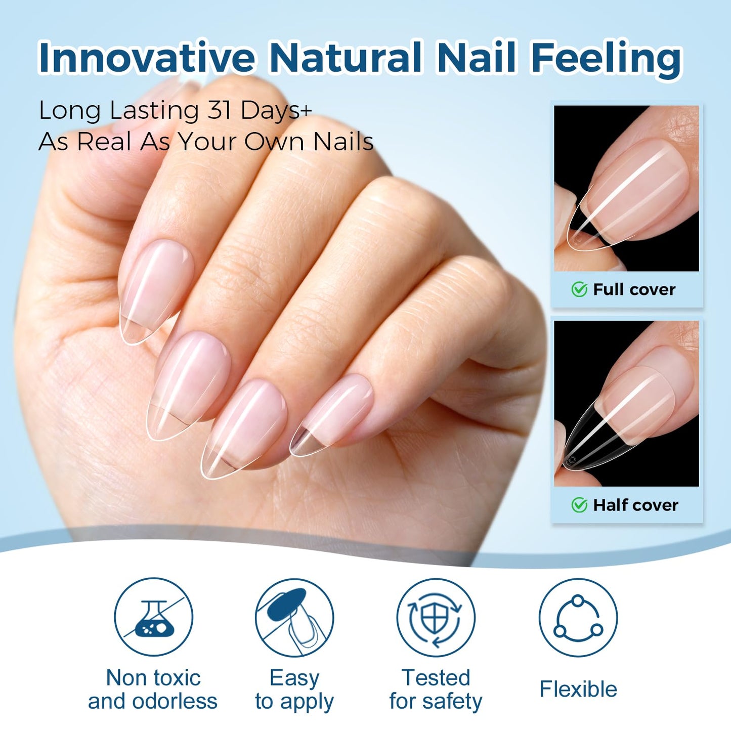 TOMICCA Short Almond Nail Tips, 510pcs 15 Sizes Pre-Shaped Soft Acrylic Gel Nail Tips Almond Shape Clear Press on Nails Extensions False Nails for Nail Manicure Salon Beginner Home DIY