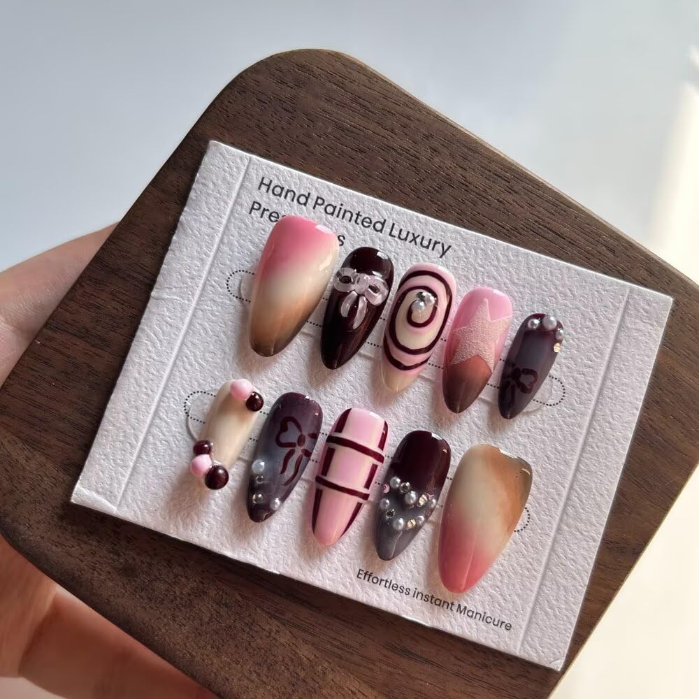 10Pcs Spring Summer Press on Nails Almond Shape False Nails with Bow Design Medium Length Fake Nails Handmade Nails Press On 3D Star Fake Nails Reusable Nails for Women (Size S)