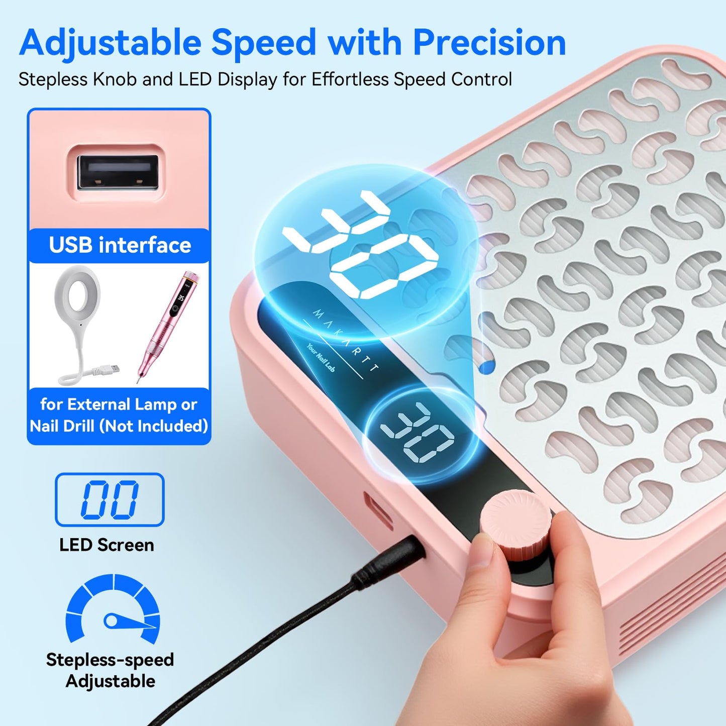 Makartt Nail Dust Collector - Professional Powerful Suction Larina Vacuum Fan Dust Cleaner with LED Display, Adjustable Speed, Reusable Filter for Acrylic Nails Polishing Manicure Salon Home Pink