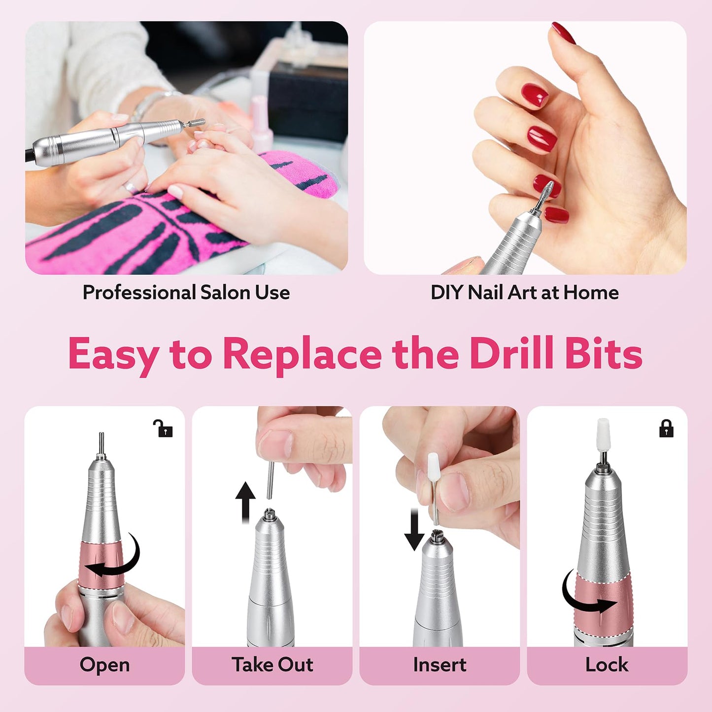 Nimmu Portable Nail Drill Professional, 45000RPM Electric Nail File for Acrylic Nail Remove Gel Polish, Rechargeable Nail Drill Machine with 11 Bits Kit for Manicure Salon Home (Purple)