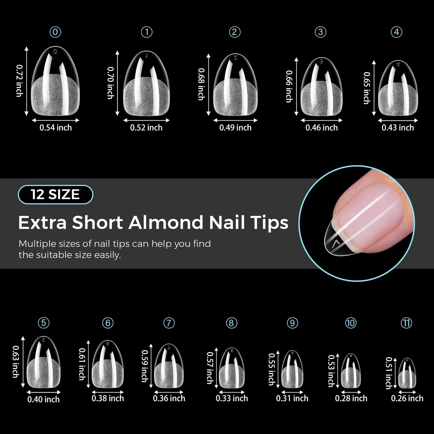 TOMICCA Extra Short Almond Nail Tips 240Pcs Pre-shaped Nail Extension for Gel Tips, 12 Sizes Acrylic Fake Press On Nails for Beginners and Professionals, Home DIY Nail Salon, Wedding