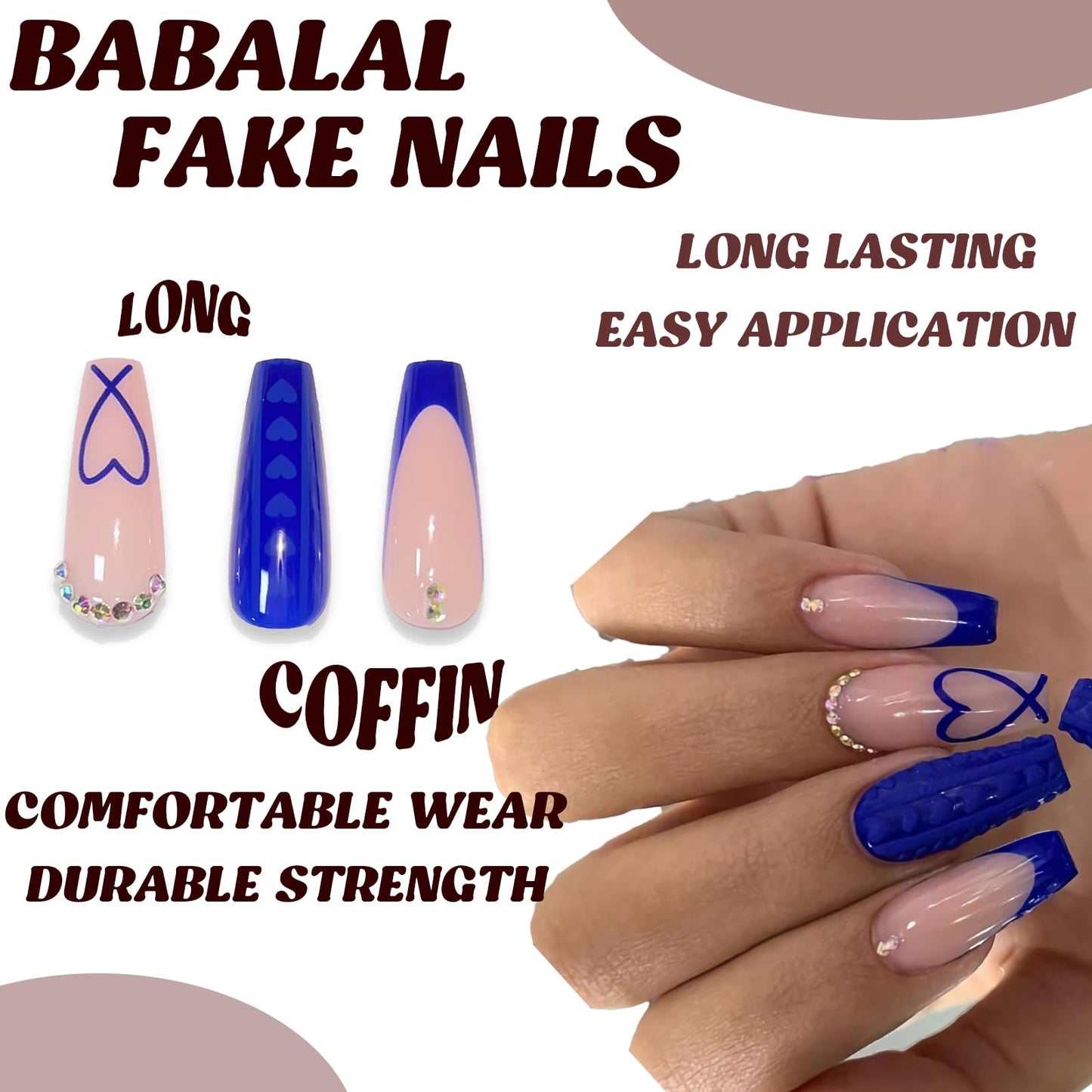 BABALAL Coffin Press on Nails Long Fake Nails Blue French Tip Heart Glue on Nails Rhinestone Ballerina Acrylic Nail for Women and Girls 24Pcs Valentines Press on