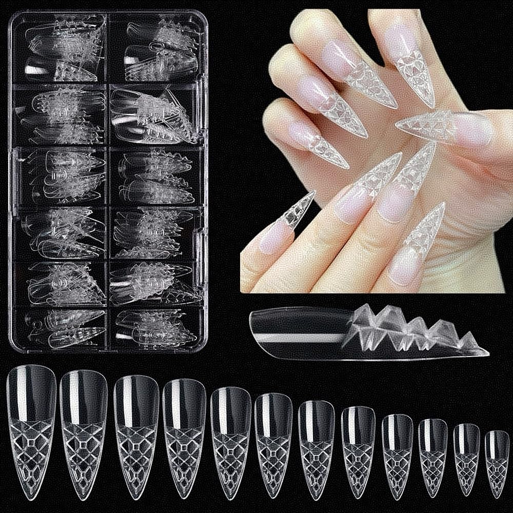 Chunmeng 120 Pcs Coffin Press on Nails, 12 Sizes Long French Tip Acrylic False Nails, Transparent Soft Gel Pre-shaped Full Cover Nail Tips, Reusable Fake Nail Stickers for Women DIY Manicure & Salon