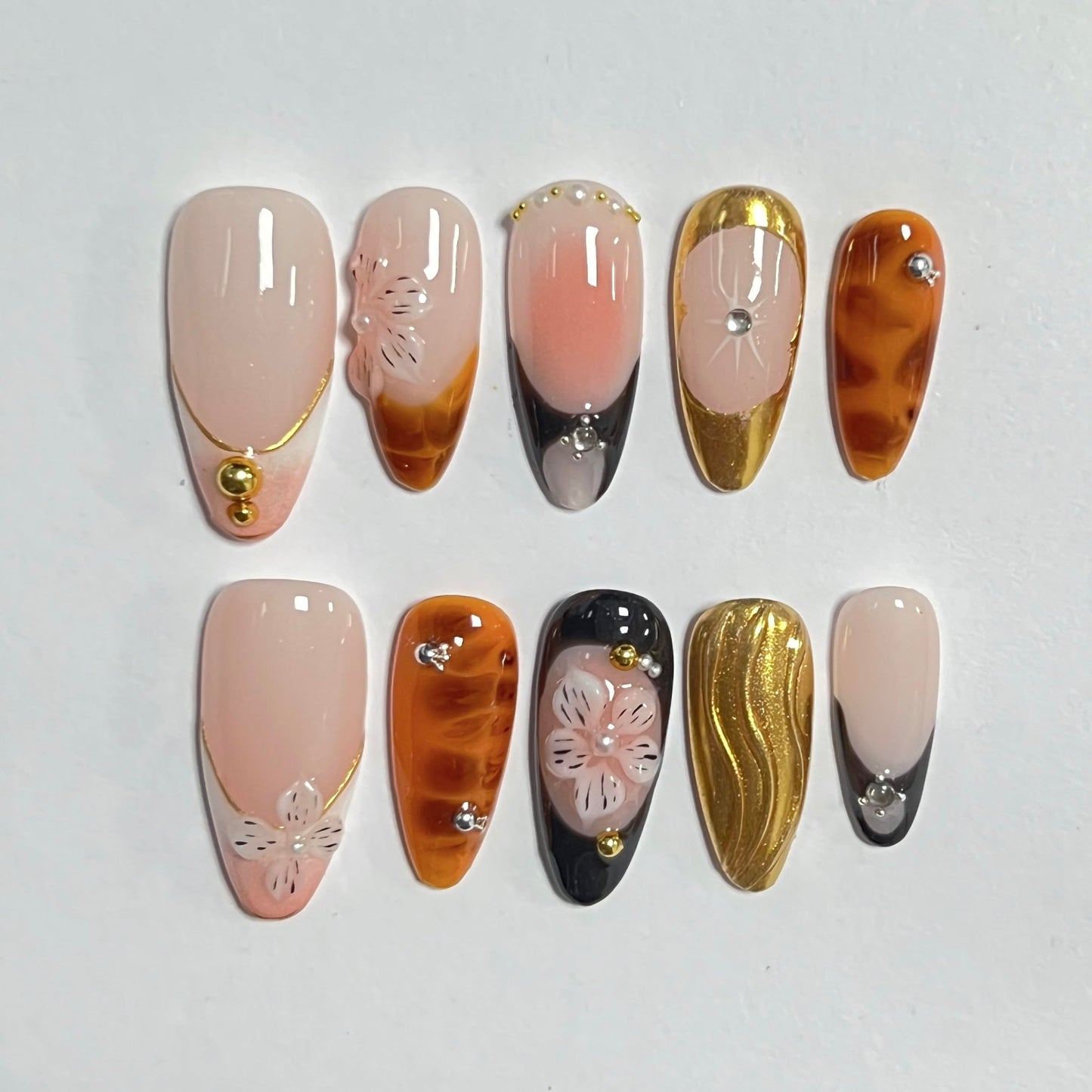 Almond Press on Nails Medium - Handmade Fake Nails with 3D Gold Flower Design - Winter Cherry Full Cover Glue on False Nails for Women - (Size S)
