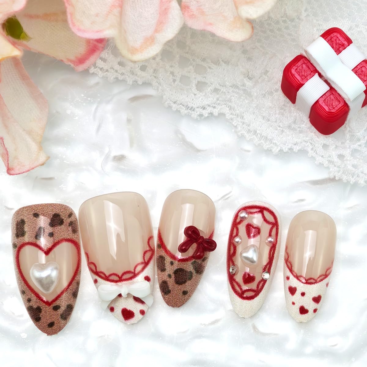 24Pcs Valentine Press on Nails Medium Almond Fake Nails 3D Bow Leopard Print Pearl Rhinestones Design Cute French Tip False Nails Romantic Red Heart Full Cover Stick on Nail for Women Manicure Salon