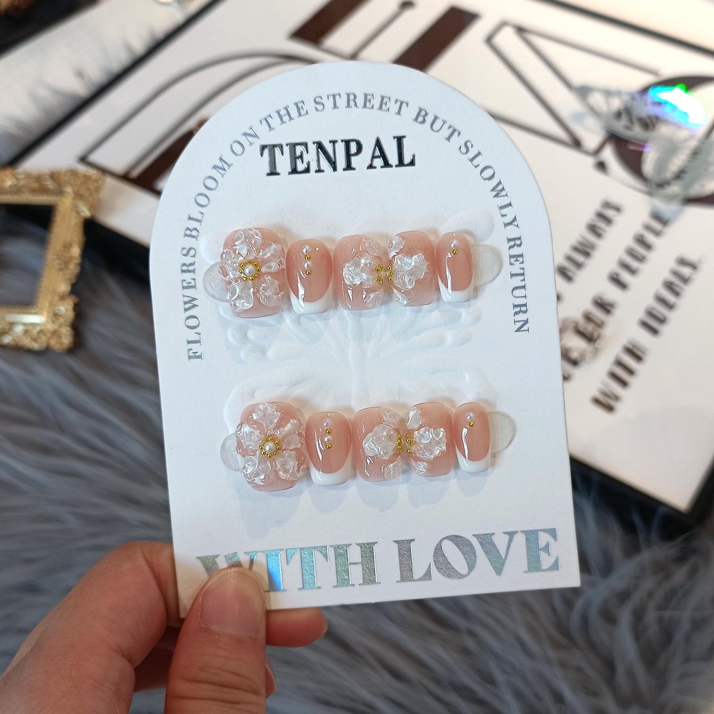 TENPAL Press On Nails with Tools Kit,Nude French 3D Floral Embossed Short Round Square False Nails,White French Glue on Nail,Chinese Style Ice Gel Reusable Fake Nails for Daily Wedding Party 10Pcs(S)