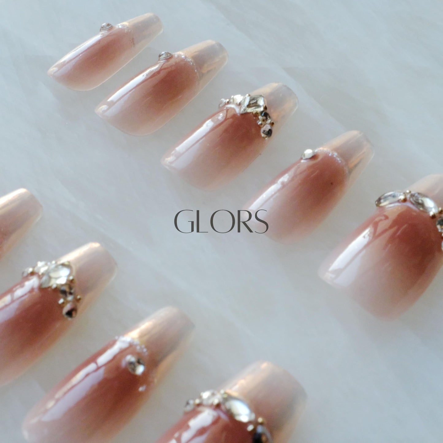 GLORS Long Ballerina Press-on Nails, Pink French Style with Rhinestones, Coffin Shape, Handmade False Nail 10 Pieces (Small,LB)