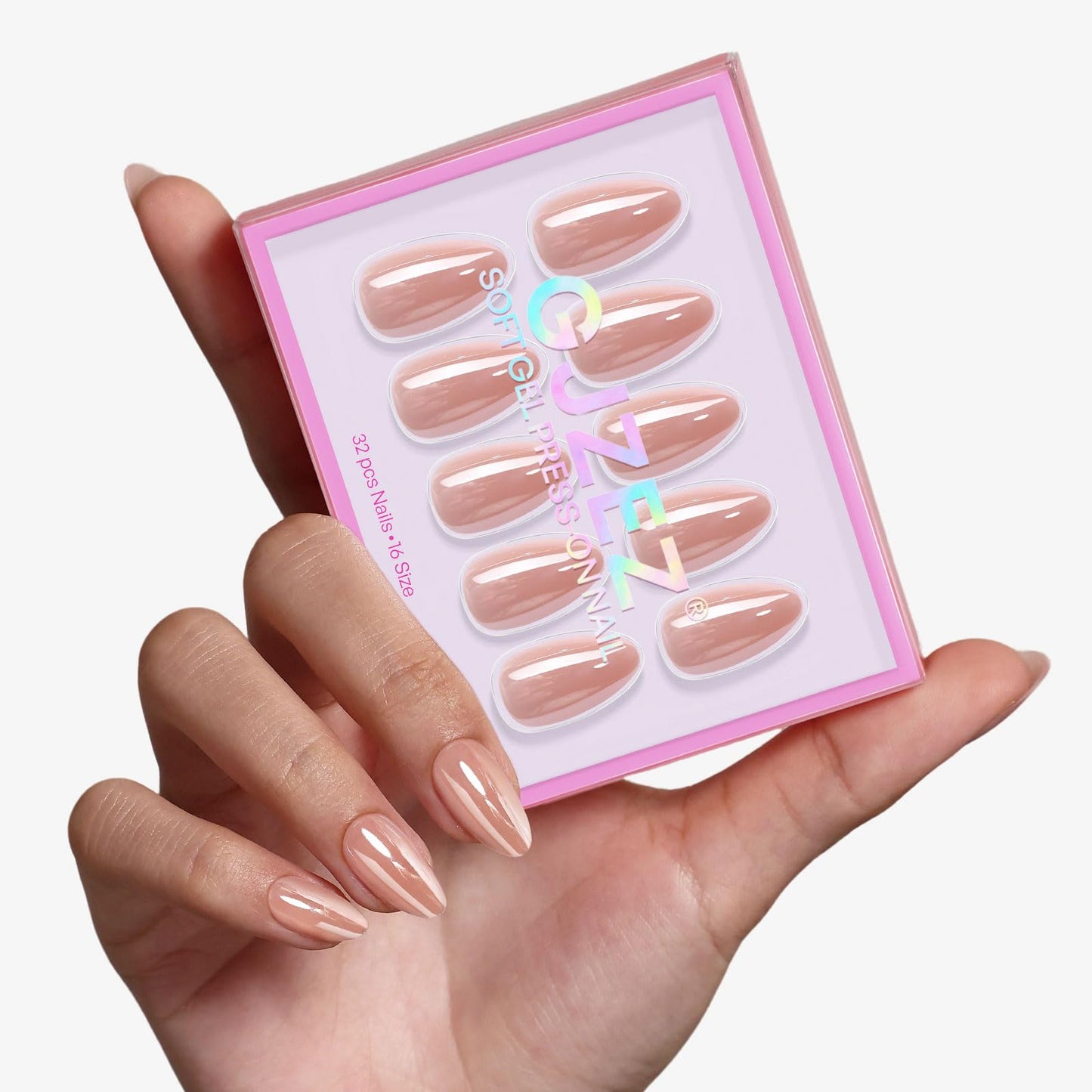 Champagne Chrome Glazed Donut Press on Nails Short - GJZEZ Soft Gel Pastel Almond Fall Fake Nails Press Ons, Ultra-Glossy Holographic Pearlescent Iridescent False Nail | 16 Sizes - 32 Reusable Nail