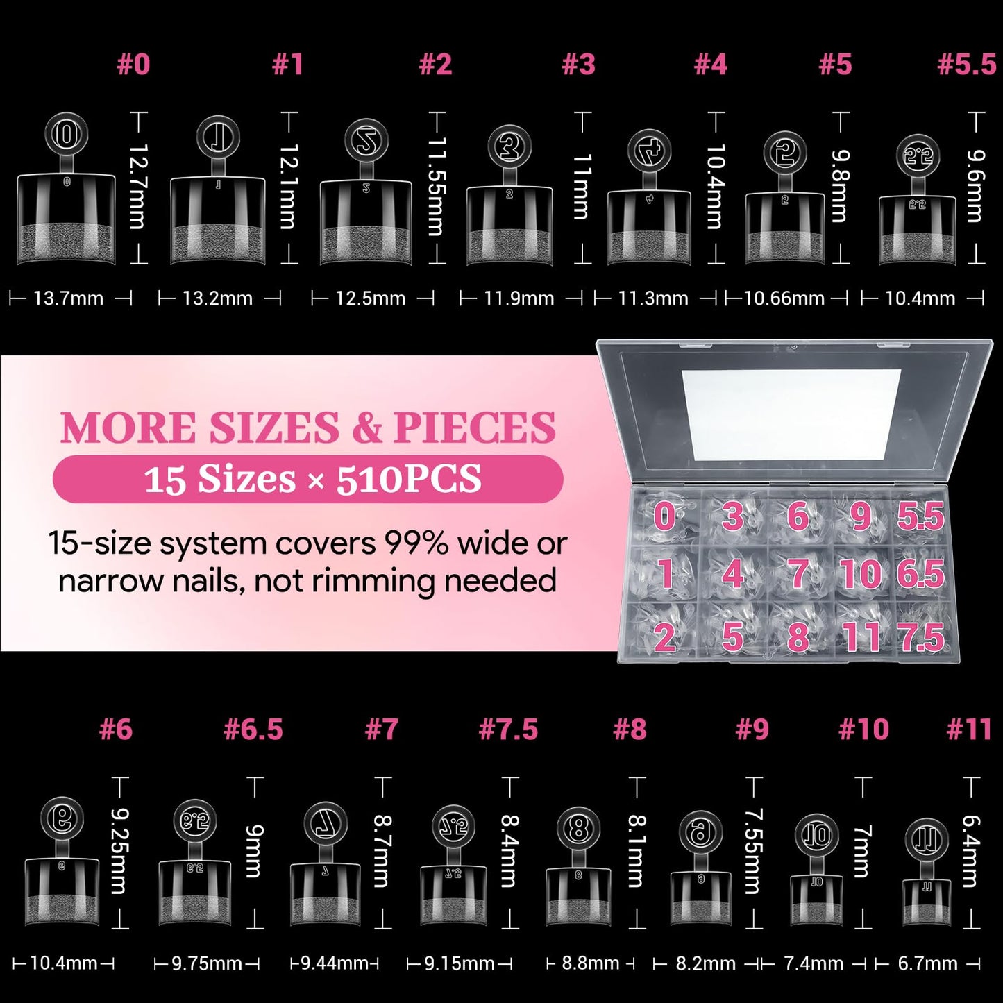 Qiek 510pcs Short Square Half Cover Nail Tips, No-File Pre-Buffed Clear Acrylic Press On Tips 15 Sizes with Half Sizes, 0.1mm Thin Back No C Curve for DIY Nail Extensions & Home Salon Beginners