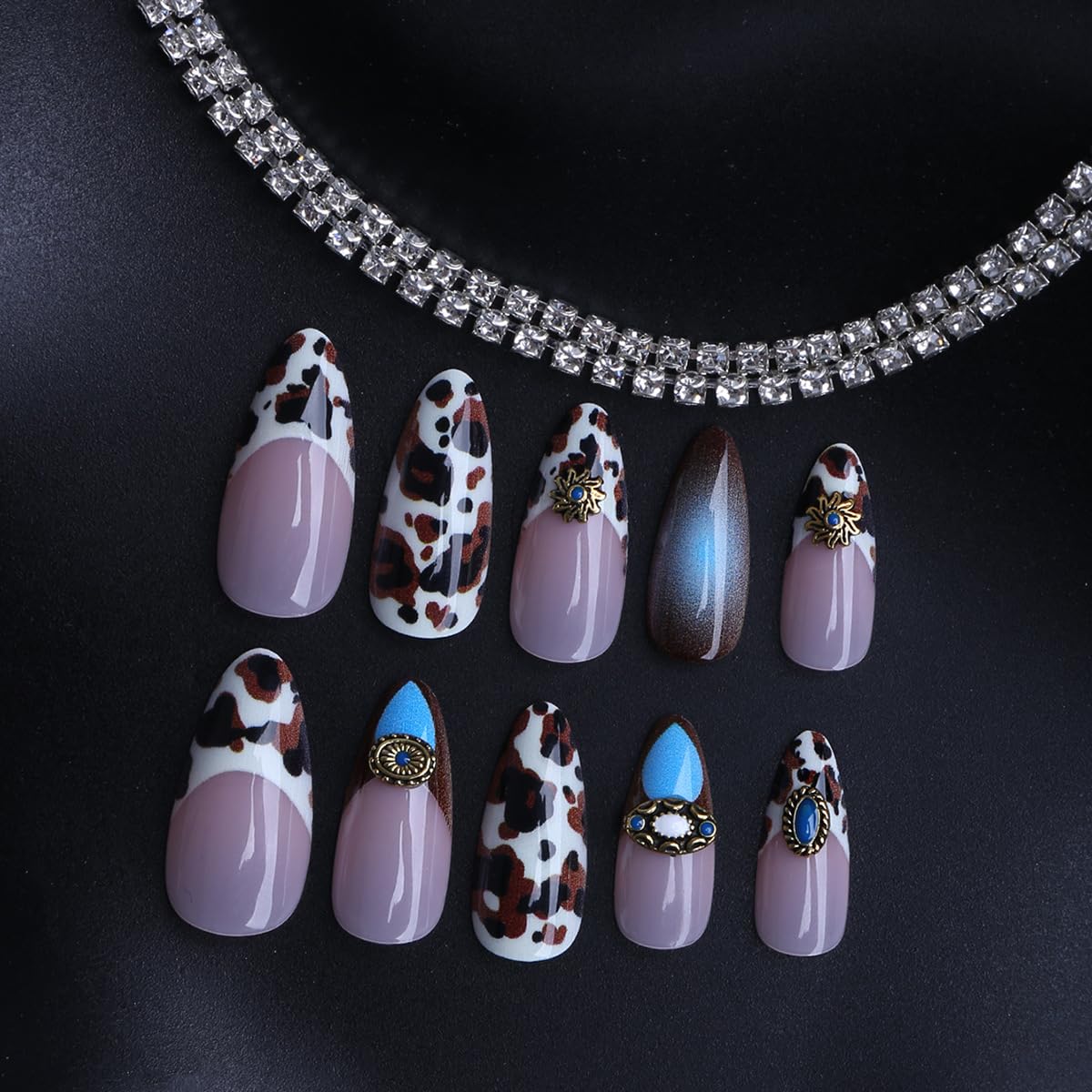 Medium Almond Press on Nails - Leopard Fake Nails with 3D Egyptian Eye Charms Designs False Nails French Tip Glue on Nails Reusable Full Cover Stick on Nails for Women Manicure 24Pcs