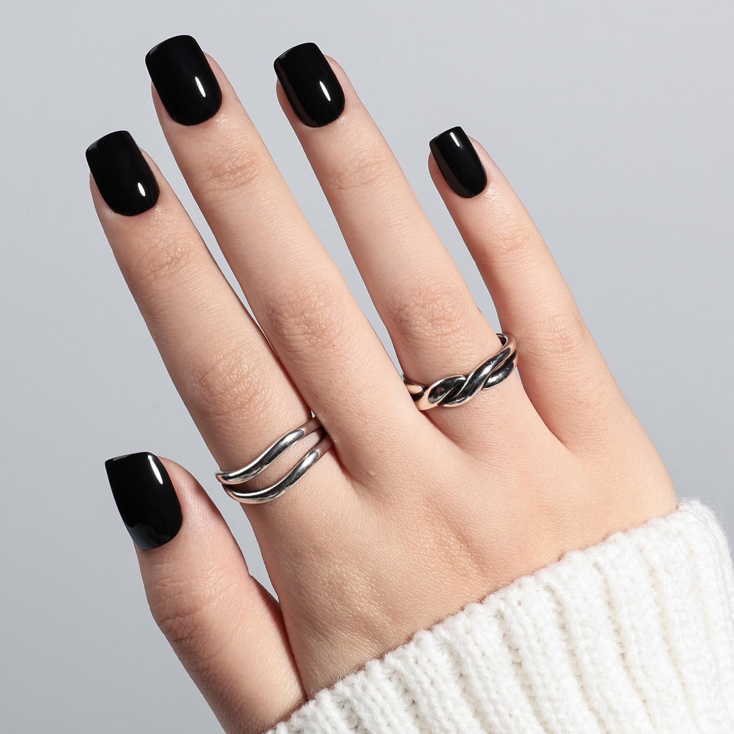 Black Press On Nails Square - Short Square Goth Fake Nails with Nail Glue, Solid Black Press On Nails Reusable Gothic Stick On Nails in 15 Sizes - 30 Nail Kit for Women & Girls | Salon Quality