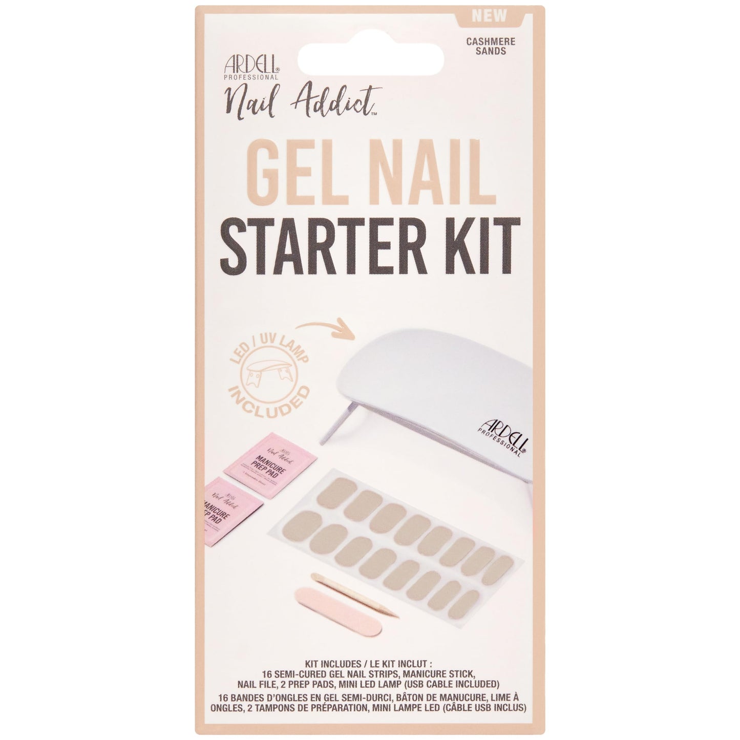 Ardell Nail Addict Gel Nail Starter Kit with Led Uv Light - Cashmere Sands, Semi-Cured Gel Nails Strips, File & Prep Pad for Easy At-Home Diy Manicure, Pack of 1