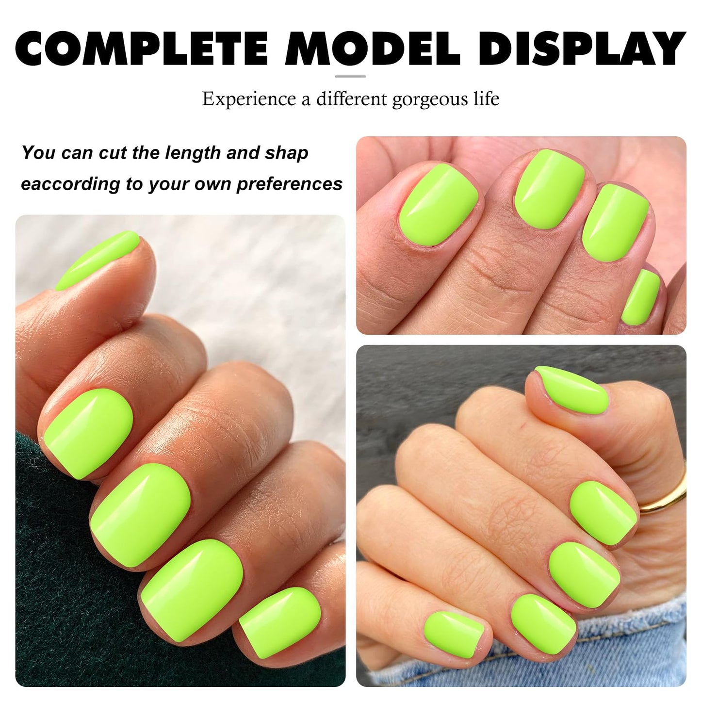 LuckForever Short Press on Nails 240pc Glossy Neon Yellow Press on Nails Short Square Round Fake Nails Full Cover 10 Sheets Nail Adhesive Tabs,Small Wooden Sticks and Nail Files False Nails for Women
