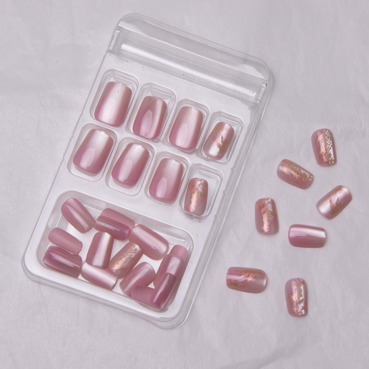 Square Press on Nails Short Cat Eye Fake Nails Gold Foil Acrylic Nails Pink Ombre False Nails Glossy Marble Artificial Nails Shiny Glue on Nails for Women Girls Manicure Art Decoration