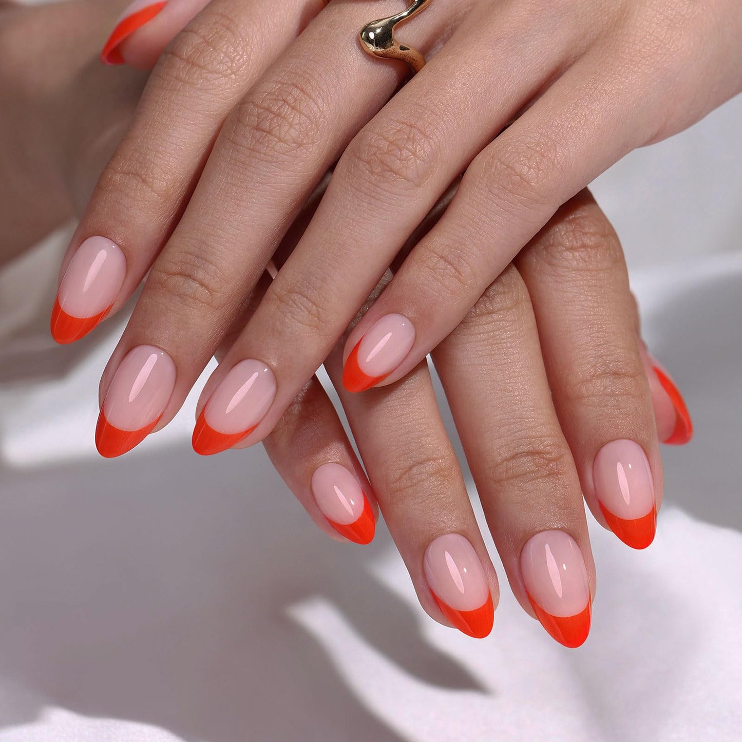 Orange French Tip Press On Nails Short Almond - GJZEZ Soft Gel Fall Thanksgiving Halloween Summer Fake Nails Gifts for Women, Salon Quality Natural Long Lasting Reusable Faux Nail | 16 Sizes - 32 PCS
