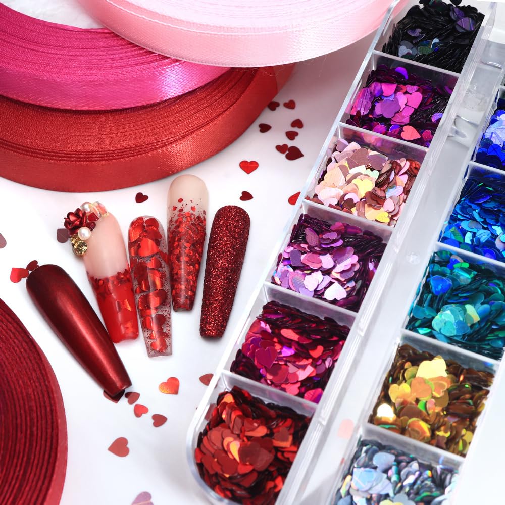 AWDSLUY 12Girds Litter Star Round Heart Nail Glitter Sequin Retro Love Heart Nail Glitters 3D Valentines Nail Art Sticker Decals Nail Art Supplies Holographic Shiny Gold Nail Sequins for Manicure