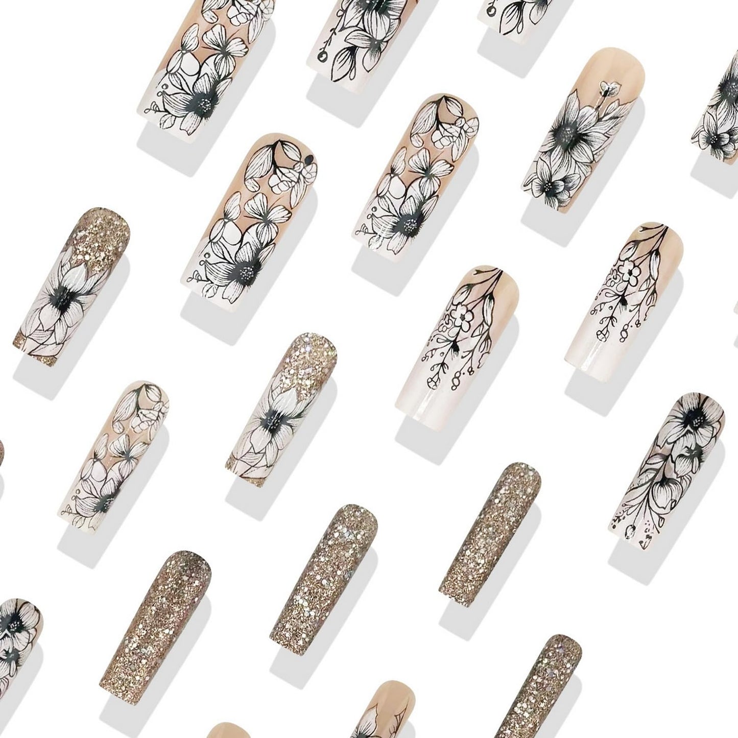 Long Press on Nails Square Fake Nails with Flower designs Stick on Nails Black White False Nails Glossy Full Cover Coffin Acrylic Nails Glitter Glue on Nails for Women Girls Spring Summer 24pcs