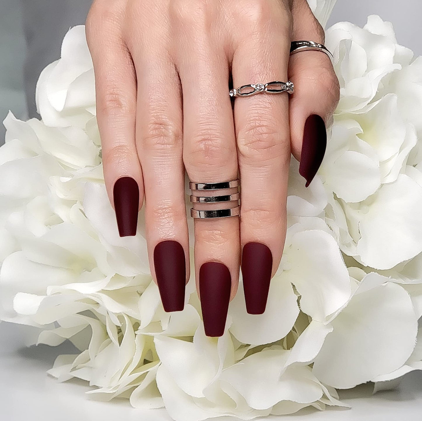 Hypnaughty 24 Pcs Maroon Xtreme Red Matte Coffin Press on Nails with Glue Medium Long Fake Nails Full Cover (Maroon Xtreme)
