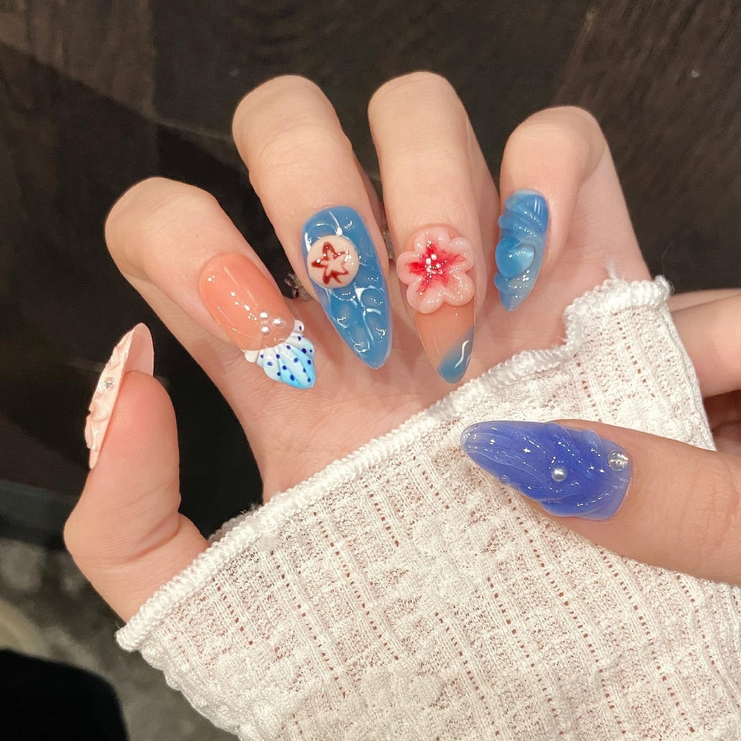 Summer Press on Nails Medium Almond Flower Fake Nails Muti-Layer Gel False Nail with 3D Jellyfish Starfish Design Glitter Handmade Press on Nails Stars Pearl Embossed Acrylic Nail for Women (Size M)