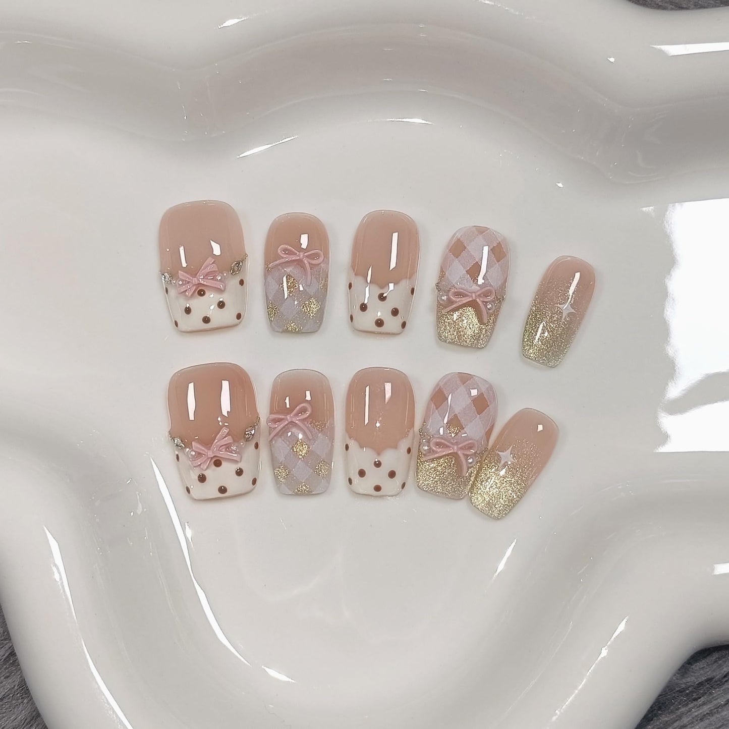 TENPAL 10Pcs Y2K Short Medium Coffin Press On Nails With Tools Kit,Light Pink Cat Eye French Fake Nails with Dot Bow Plaid Pattern,K-Beauty Acrylic Glue on Nails for Wedding Party Daily Wear(L)
