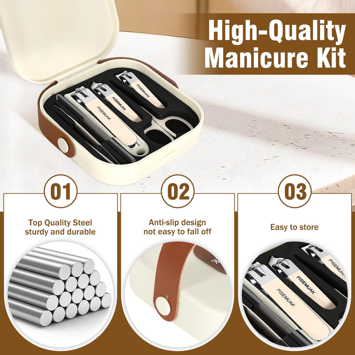 PISEMUAK Manicure Kit, Portable Nail Kit with Travel Case, Stainless Steel Nail Clipper Set for Men Women, Includes 2 Clippers, Scissors, Tweezers, File, Cuticle Pusher & Cleaner